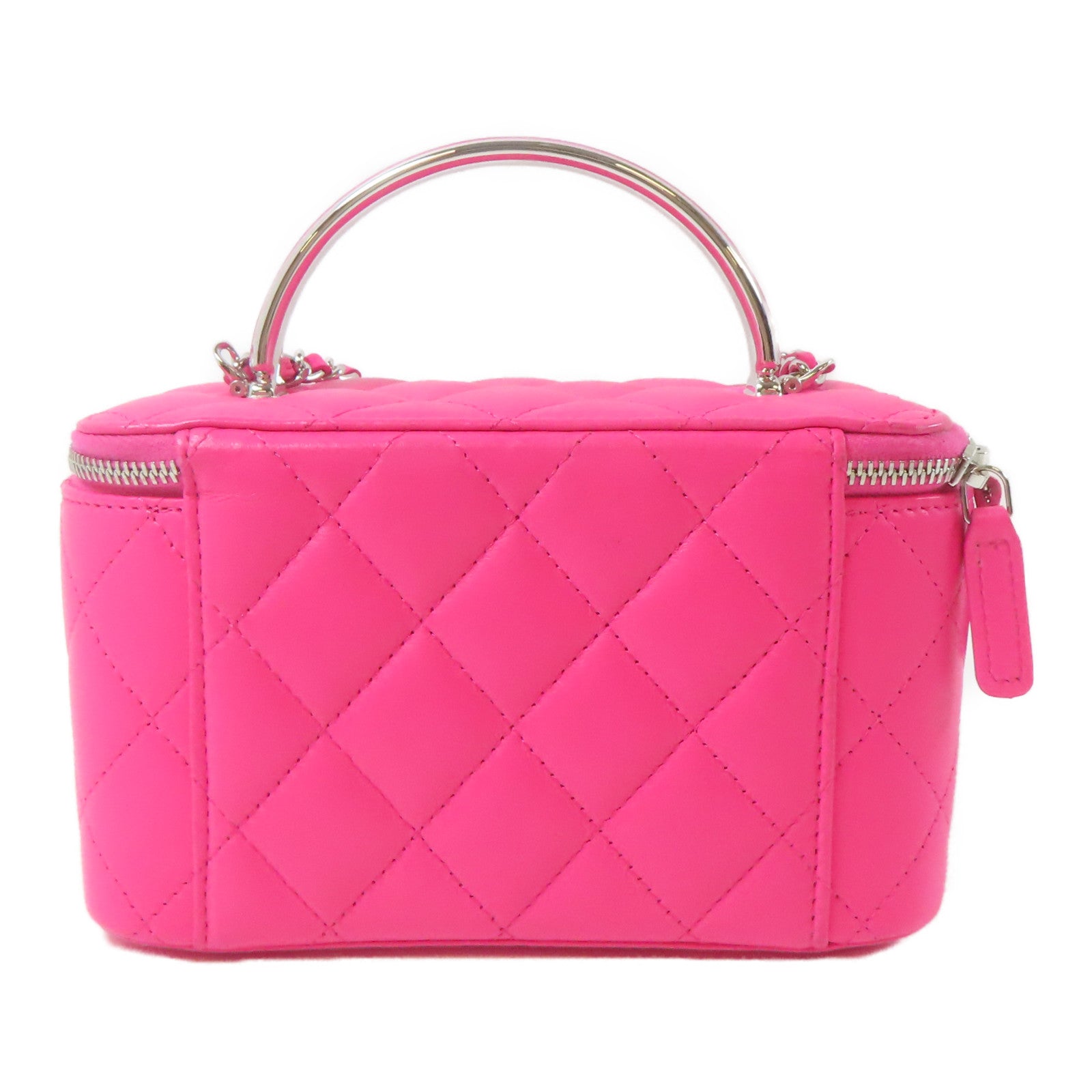 CHANEL 【激減優惠】菱格羊皮皮革Clutch with Chain銀扣鏈帶手挽肩背兩用袋粉紅色