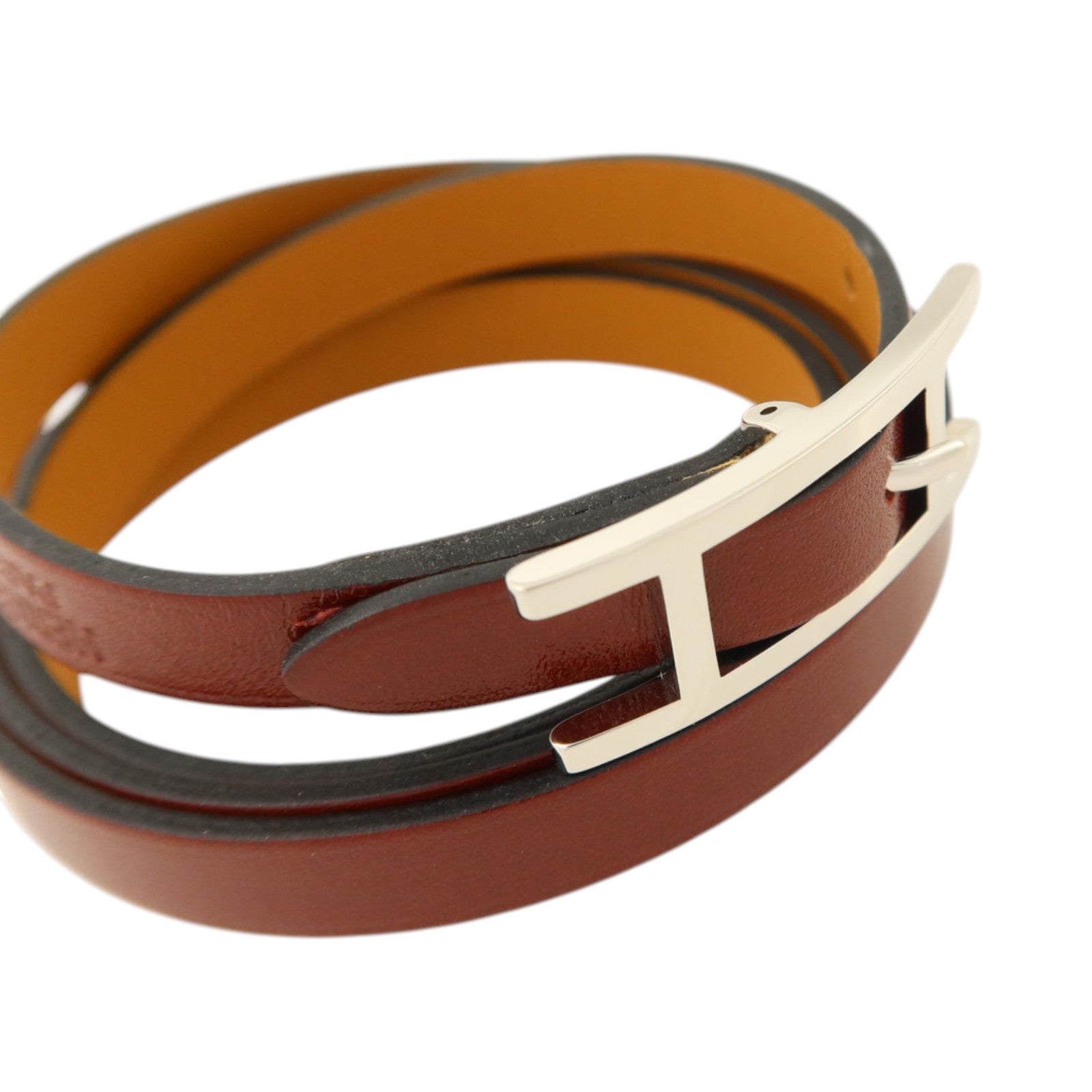 HERMES Box皮革Hapi 3 Bracelet銀扣手鏈Rouge H