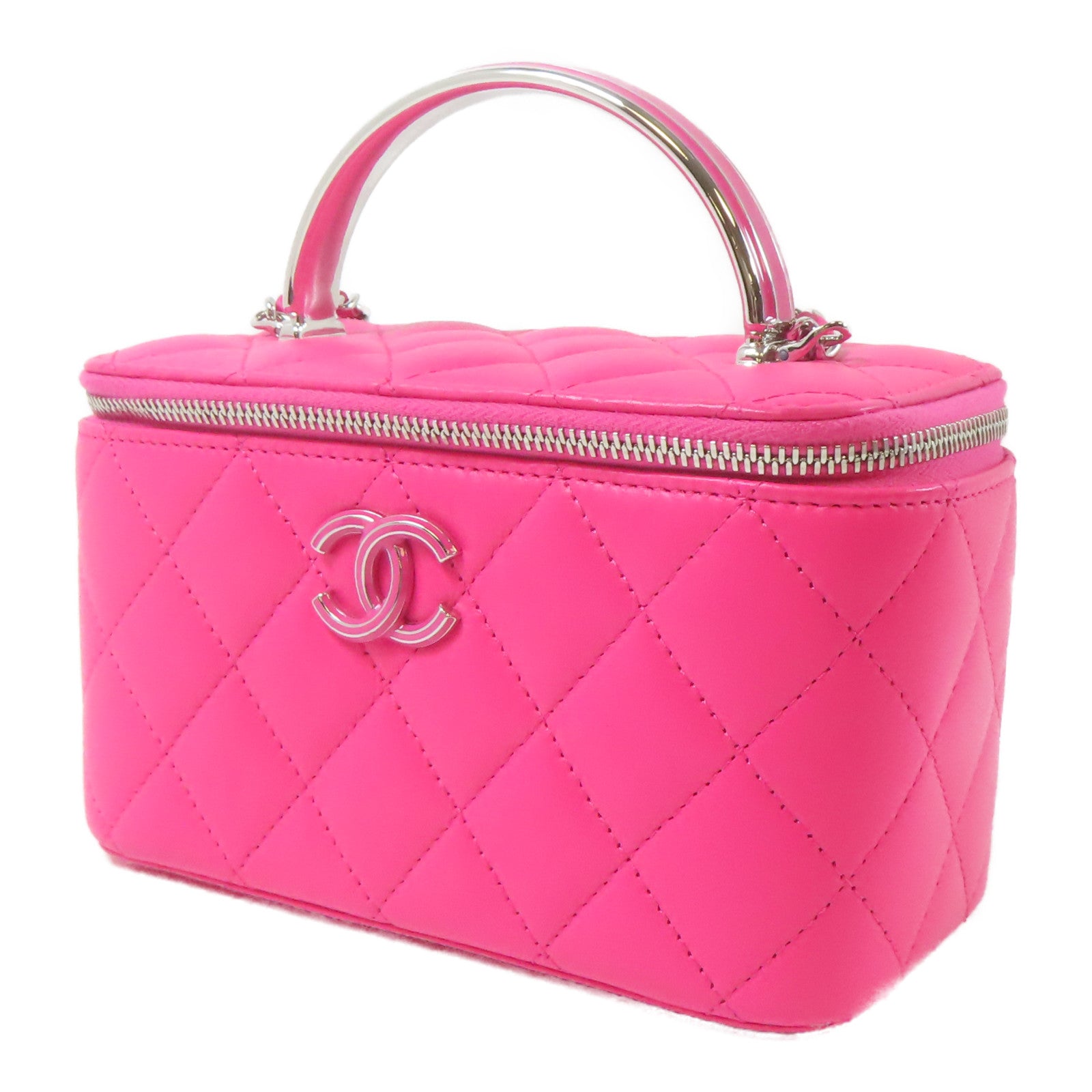 CHANEL 【激減優惠】菱格羊皮皮革Clutch with Chain銀扣鏈帶手挽肩背兩用袋粉紅色