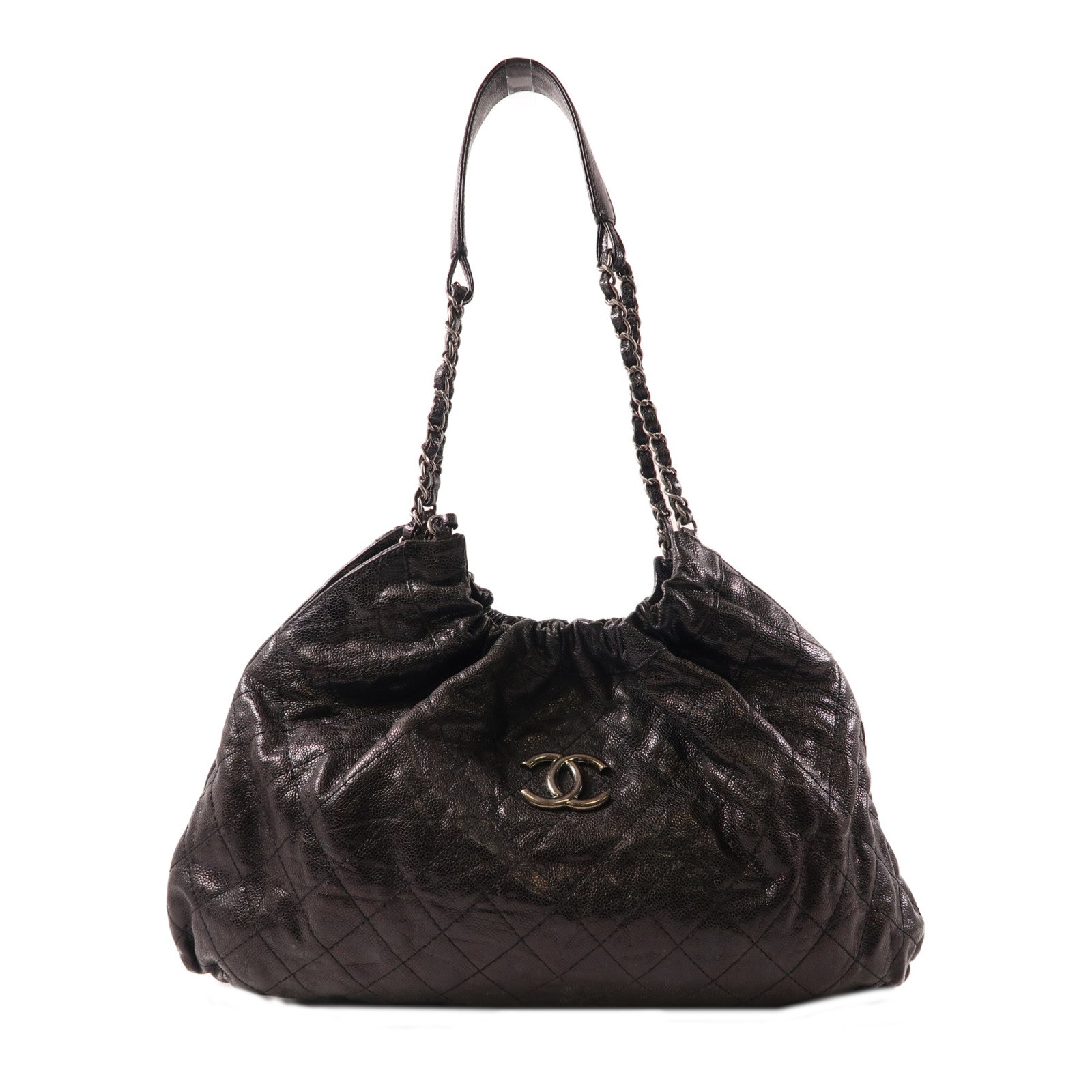 CHANEL 菱格牛皮皮革Chain Shoulder銀扣肩背袋黑色
