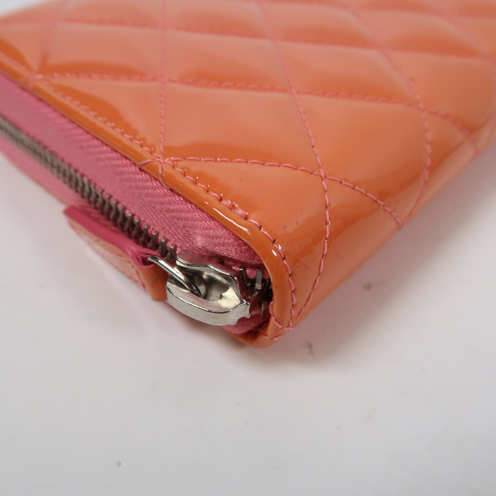 CHANEL 菱格漆皮皮革Long Wallet銀扣長錢包橙色