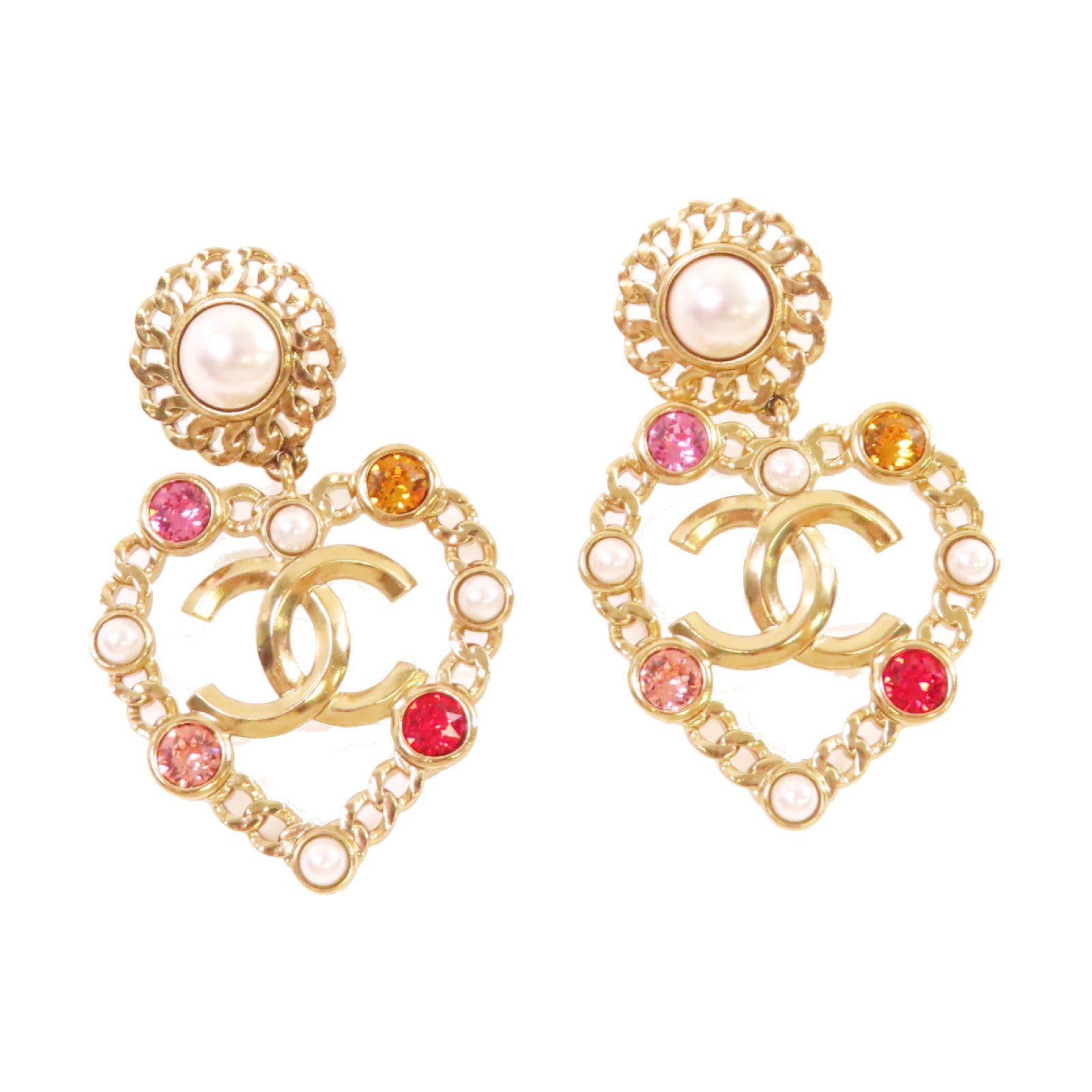 CHANEL 金屬/仿珍珠/彩色寶石CC Love Earrings耳環金色/珍珠色/彩色