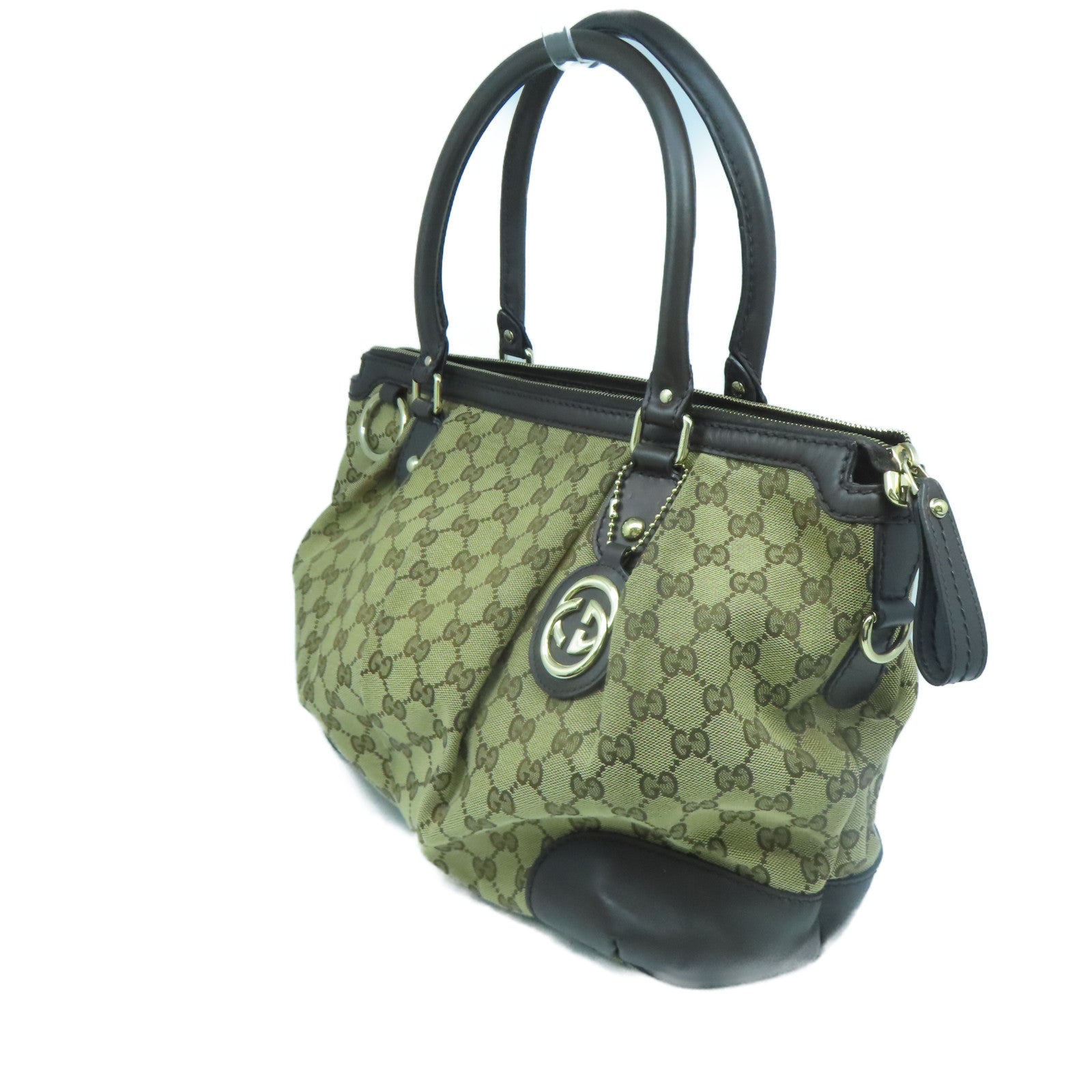 GUCCI 【激減優惠】帆布/牛皮皮革Shoulder Bag金扣手挽肩背兩用袋啡色