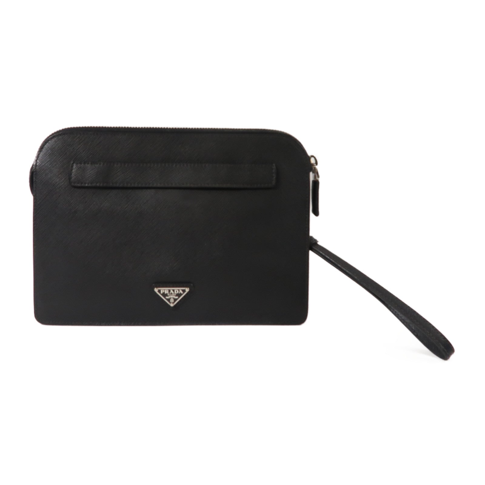 PRADA 牛皮皮革Saffiano Travel銀扣手拿包黑色