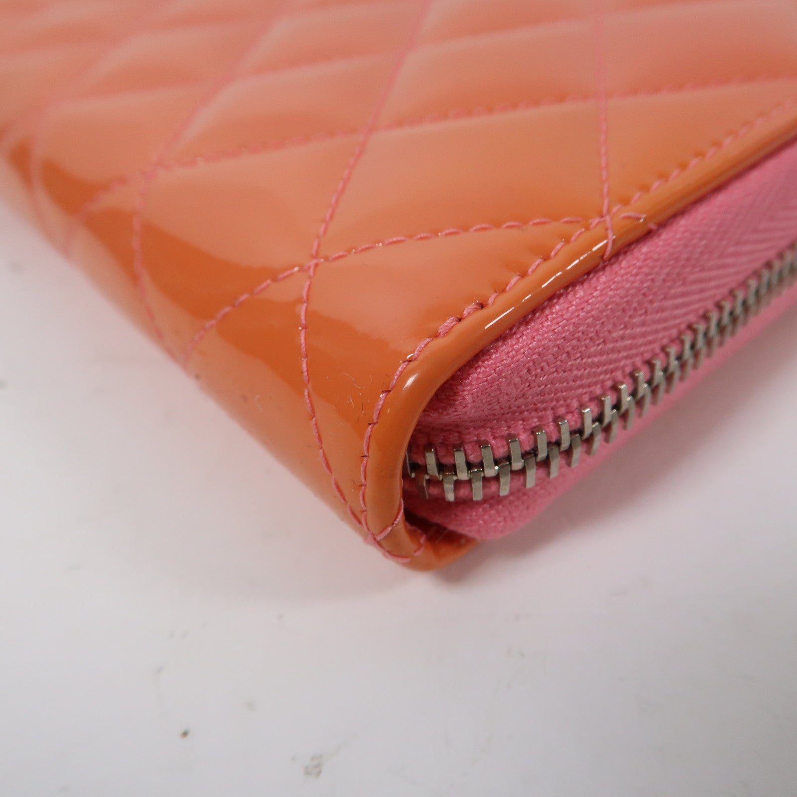CHANEL 菱格漆皮皮革Long Wallet銀扣長錢包橙色