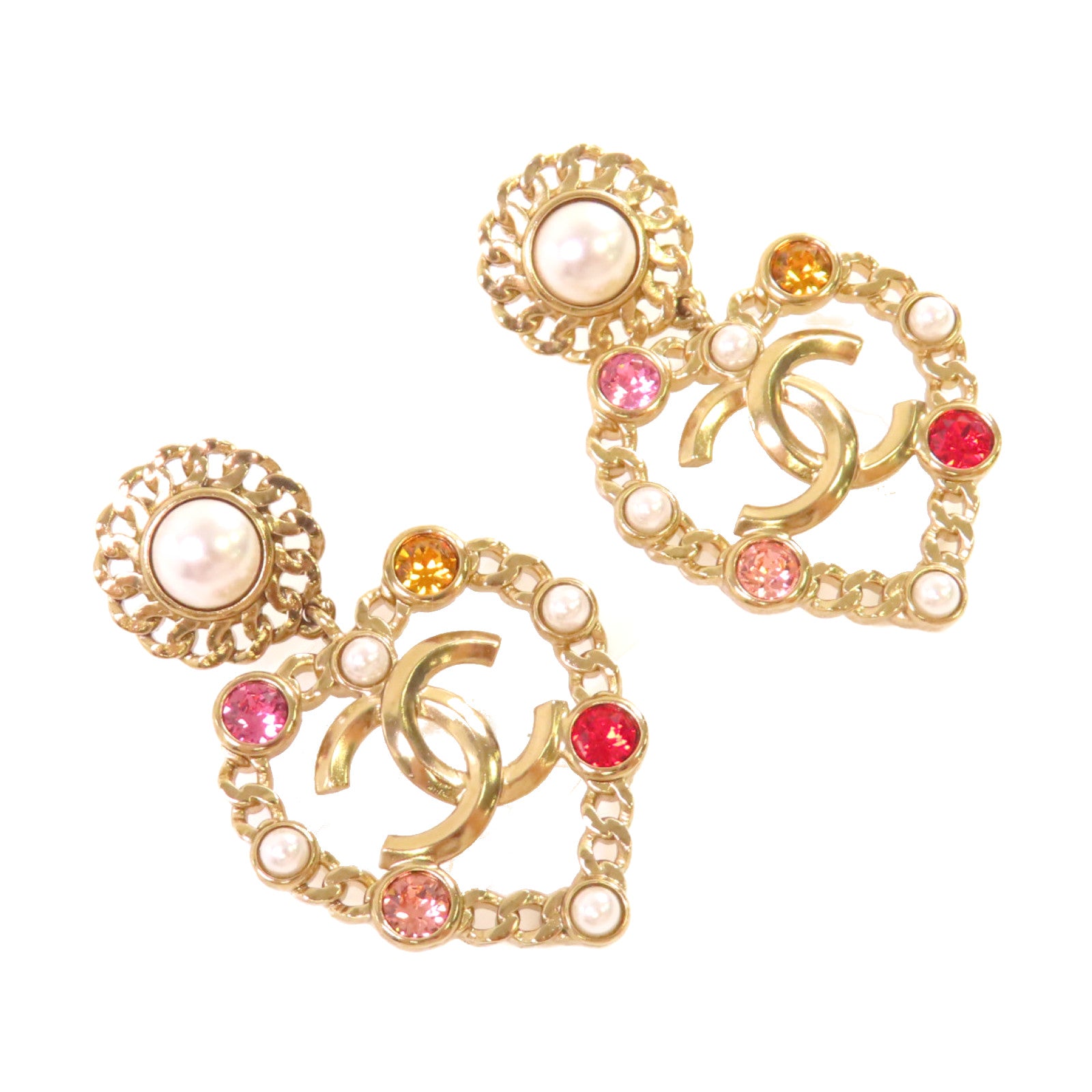 CHANEL 金屬/仿珍珠/彩色寶石CC Love Earrings耳環金色/珍珠色/彩色