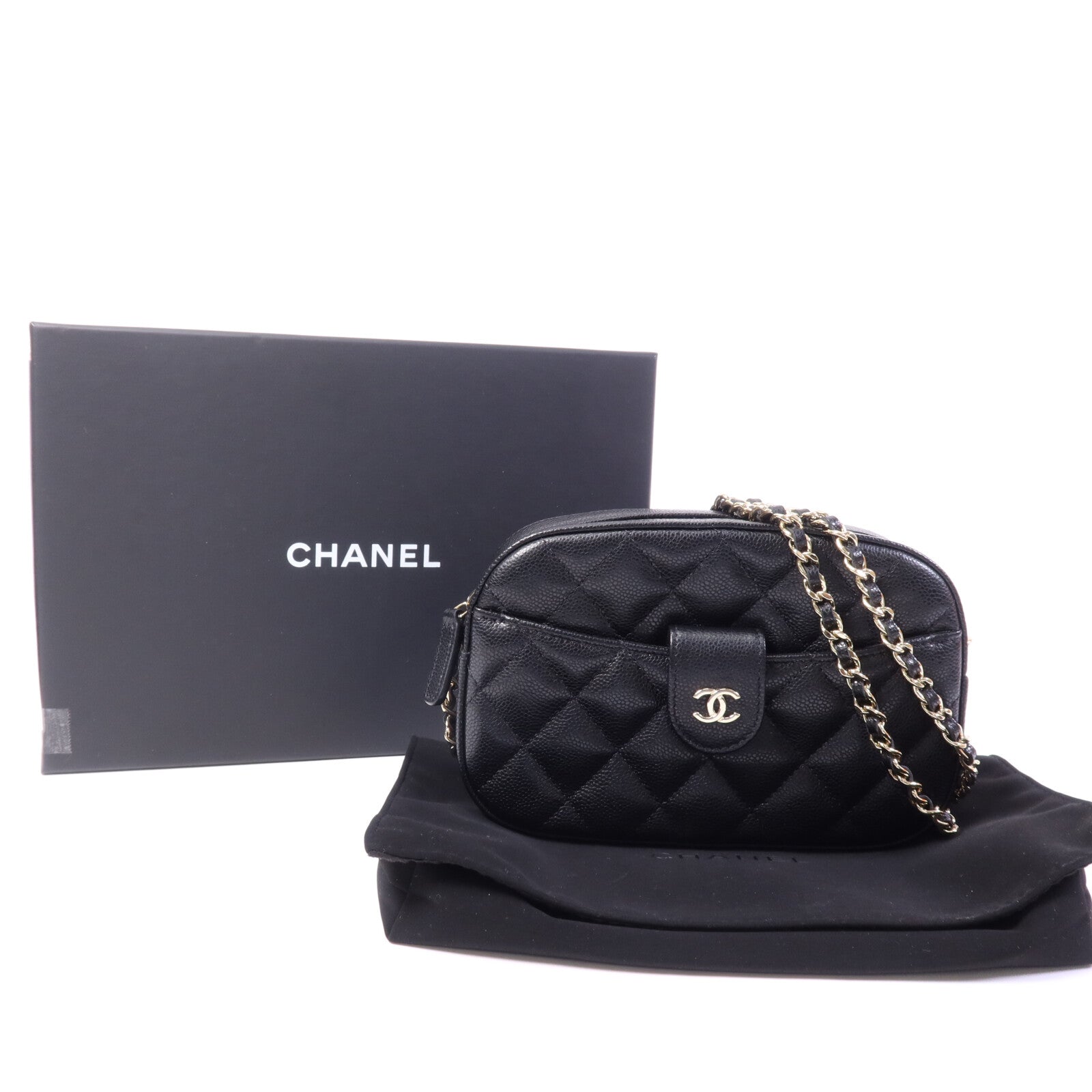 CHANEL 牛皮皮革Camera Bag金扣鏈帶肩背袋
