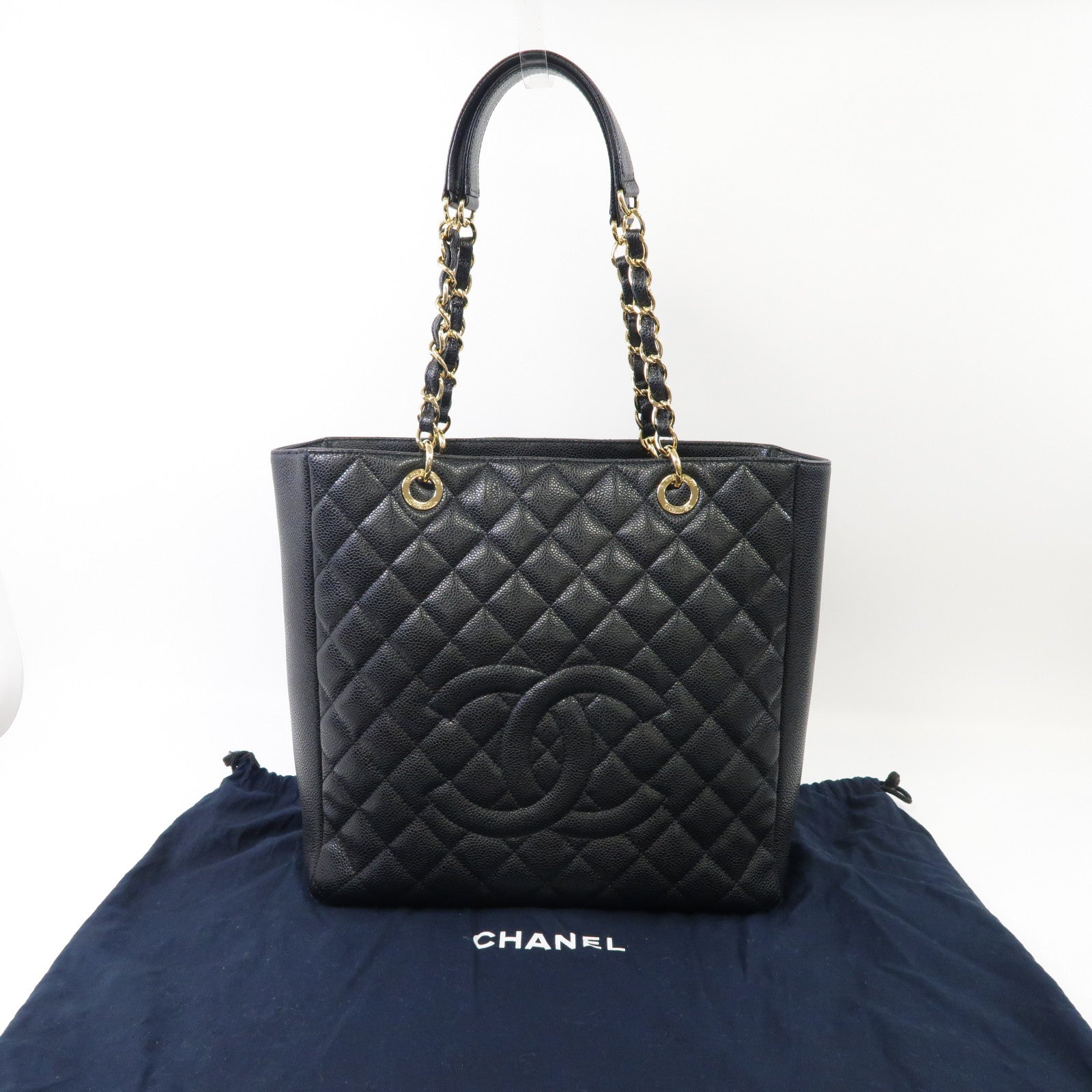 CHANEL 菱格Caviar皮革PST Petite Shopping Tote Bag 金扣肩背袋黑色