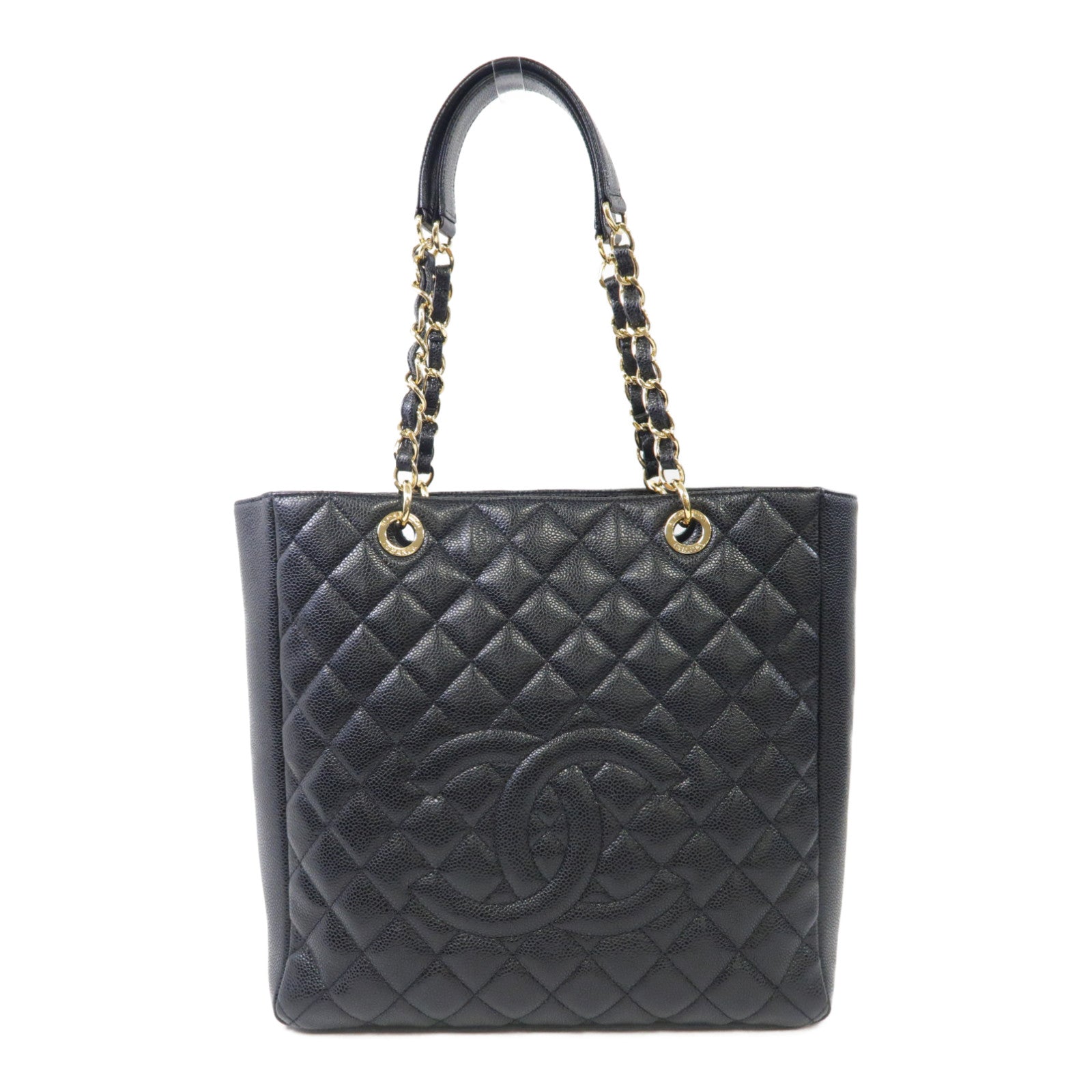 CHANEL 菱格Caviar皮革PST Petite Shopping Tote Bag 金扣肩背袋黑色