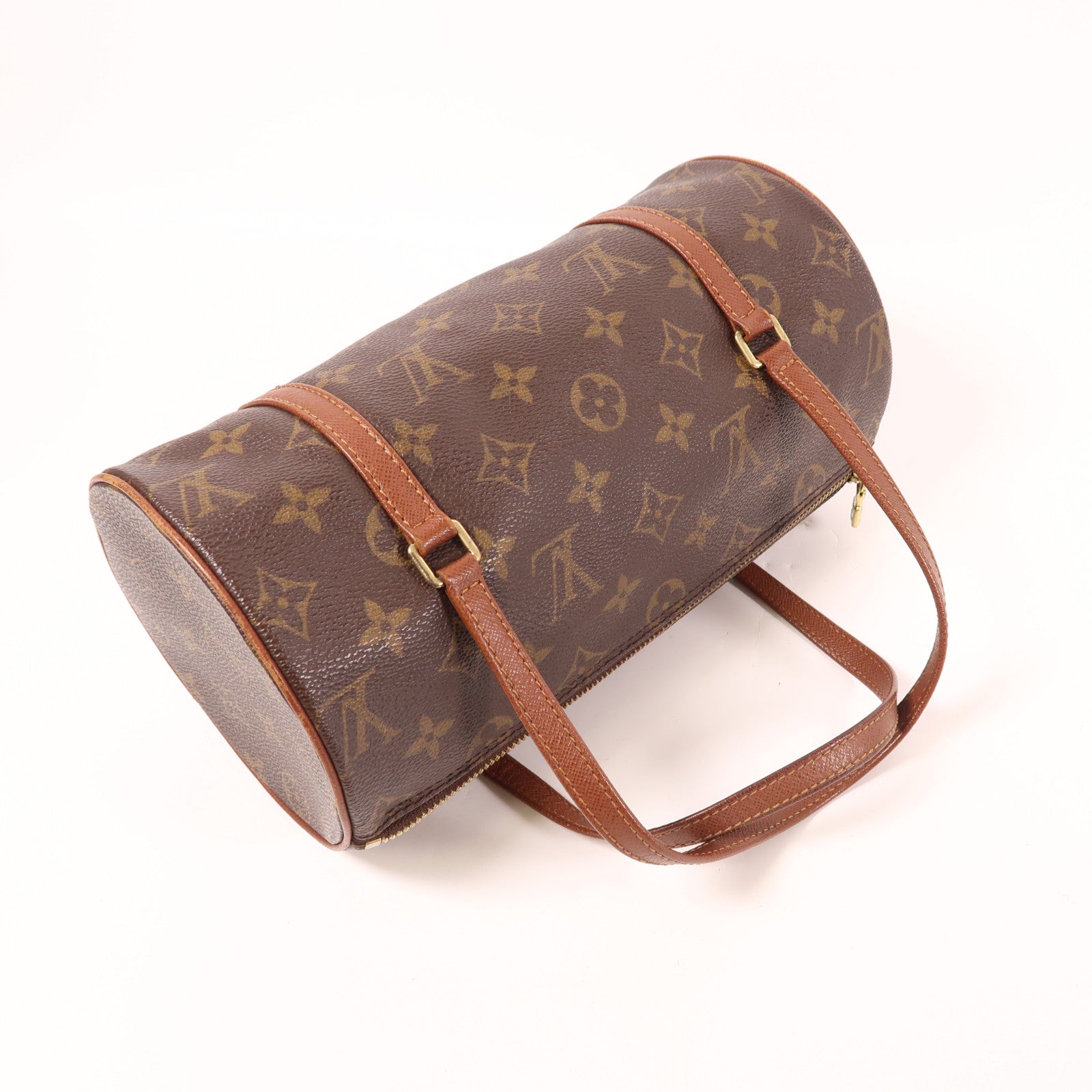 LOUIS VUITTON Monogram Papillon PM金扣手挽袋棕色