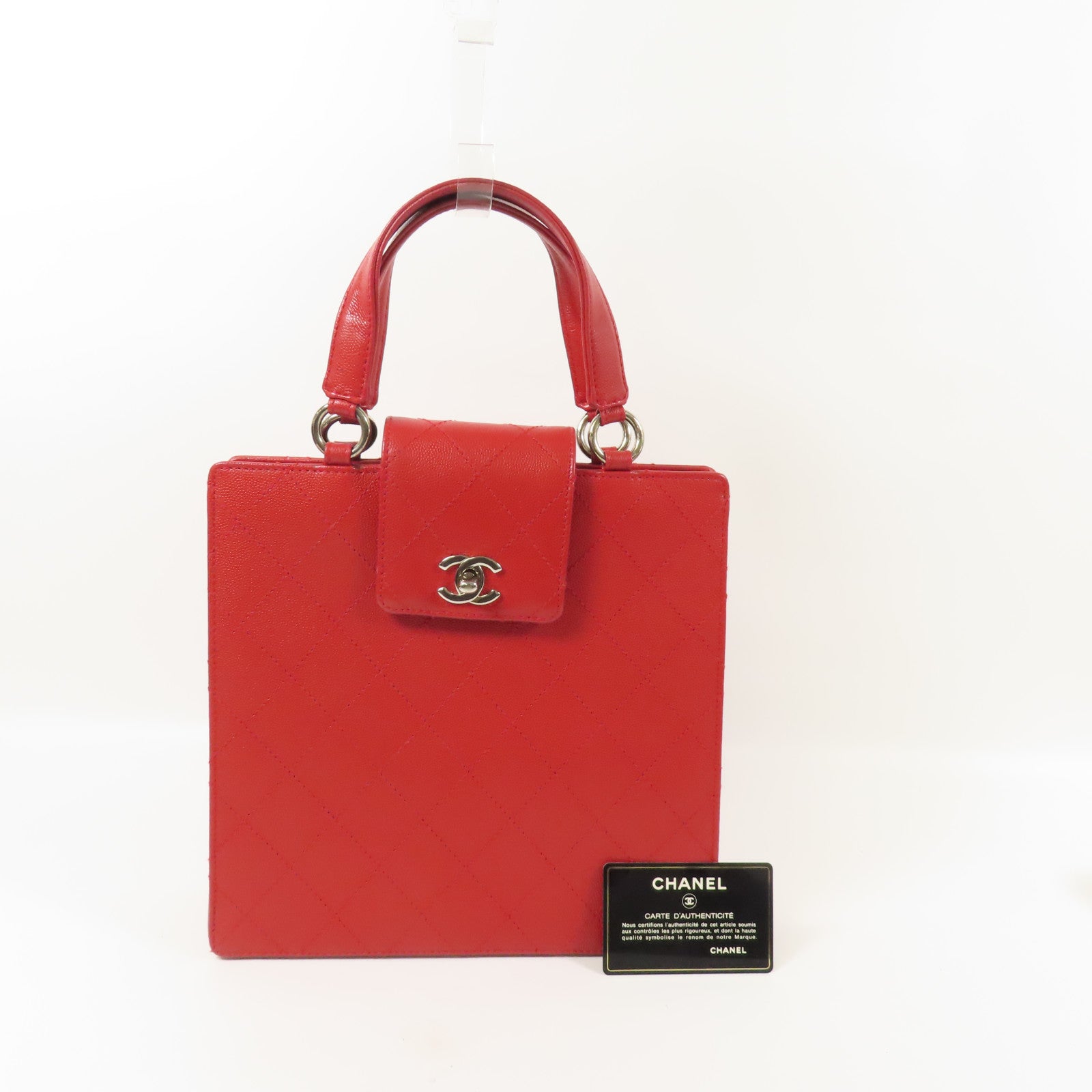 CHANEL 牛皮皮革Handbag銀扣手挽袋