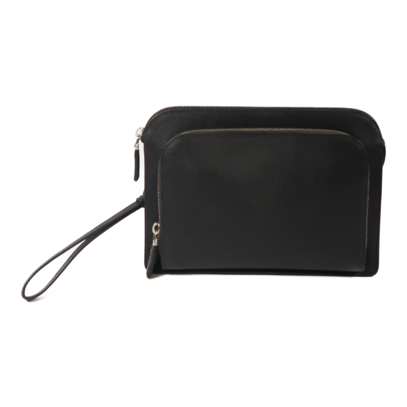 PRADA 牛皮皮革Saffiano Travel銀扣手拿包黑色
