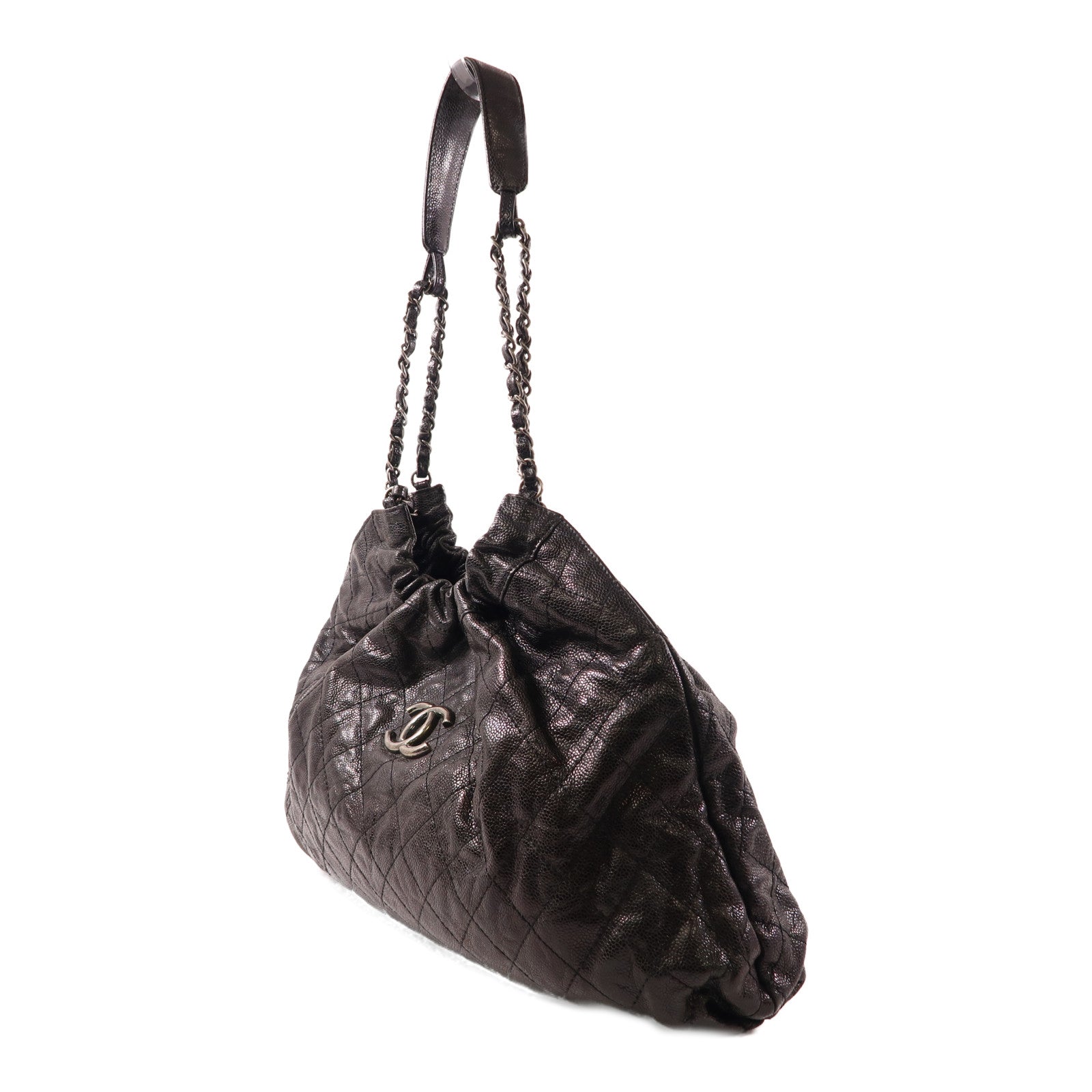 CHANEL 菱格牛皮皮革Chain Shoulder銀扣肩背袋黑色