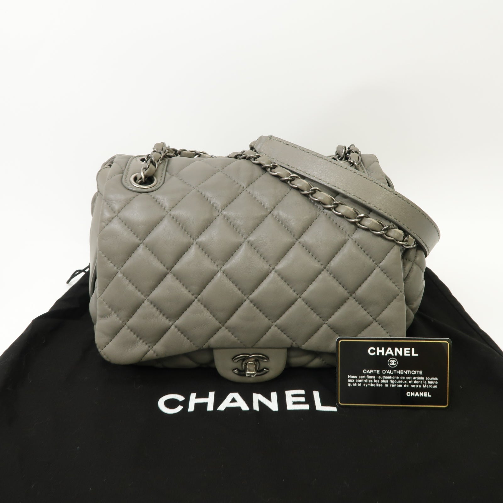 CHANEL 【激減優惠】菱格羊皮皮革Chain Shoulder Bag銀扣鏈帶肩背袋灰色