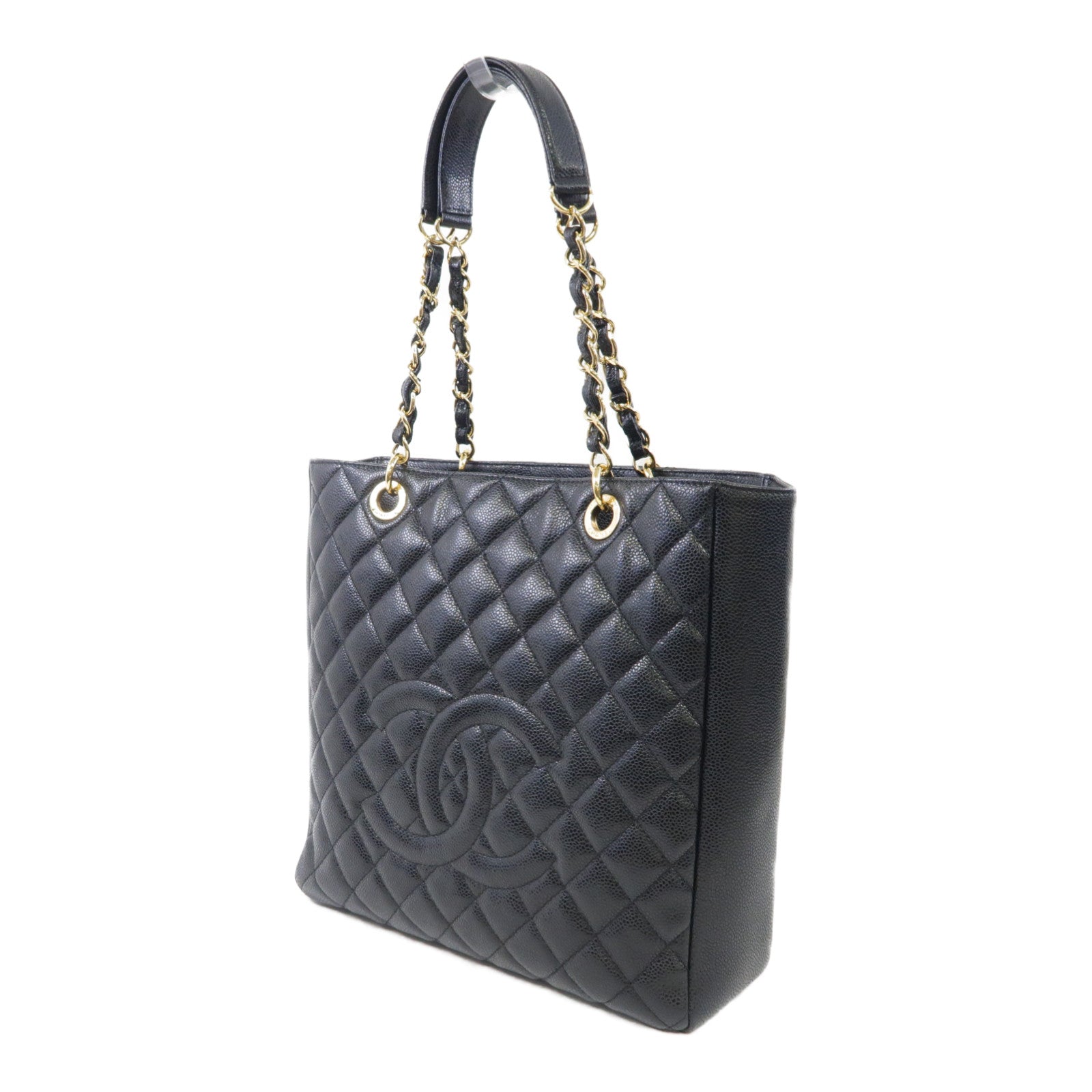 CHANEL 菱格Caviar皮革PST Petite Shopping Tote Bag 金扣肩背袋黑色