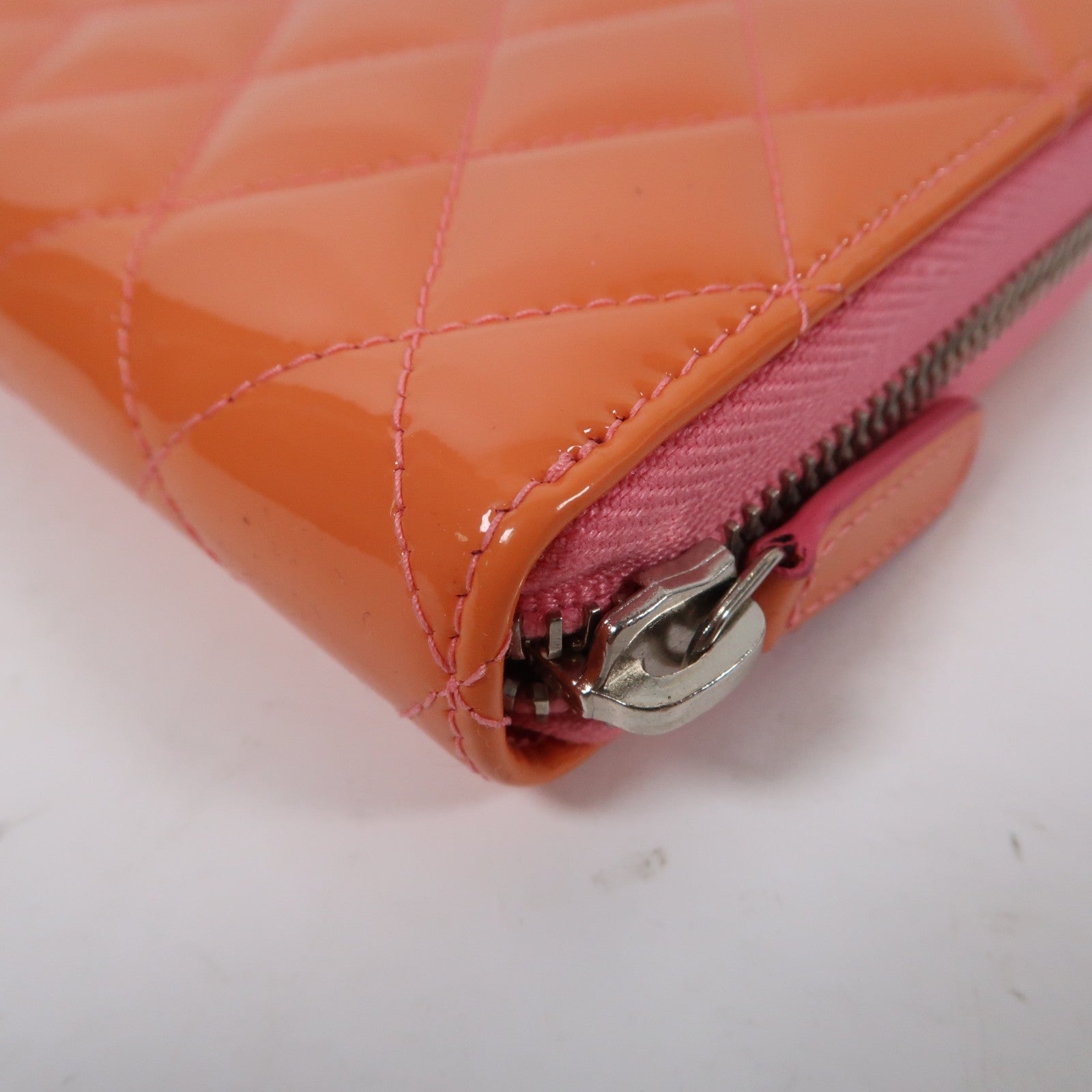 CHANEL 菱格漆皮皮革Long Wallet銀扣長錢包橙色