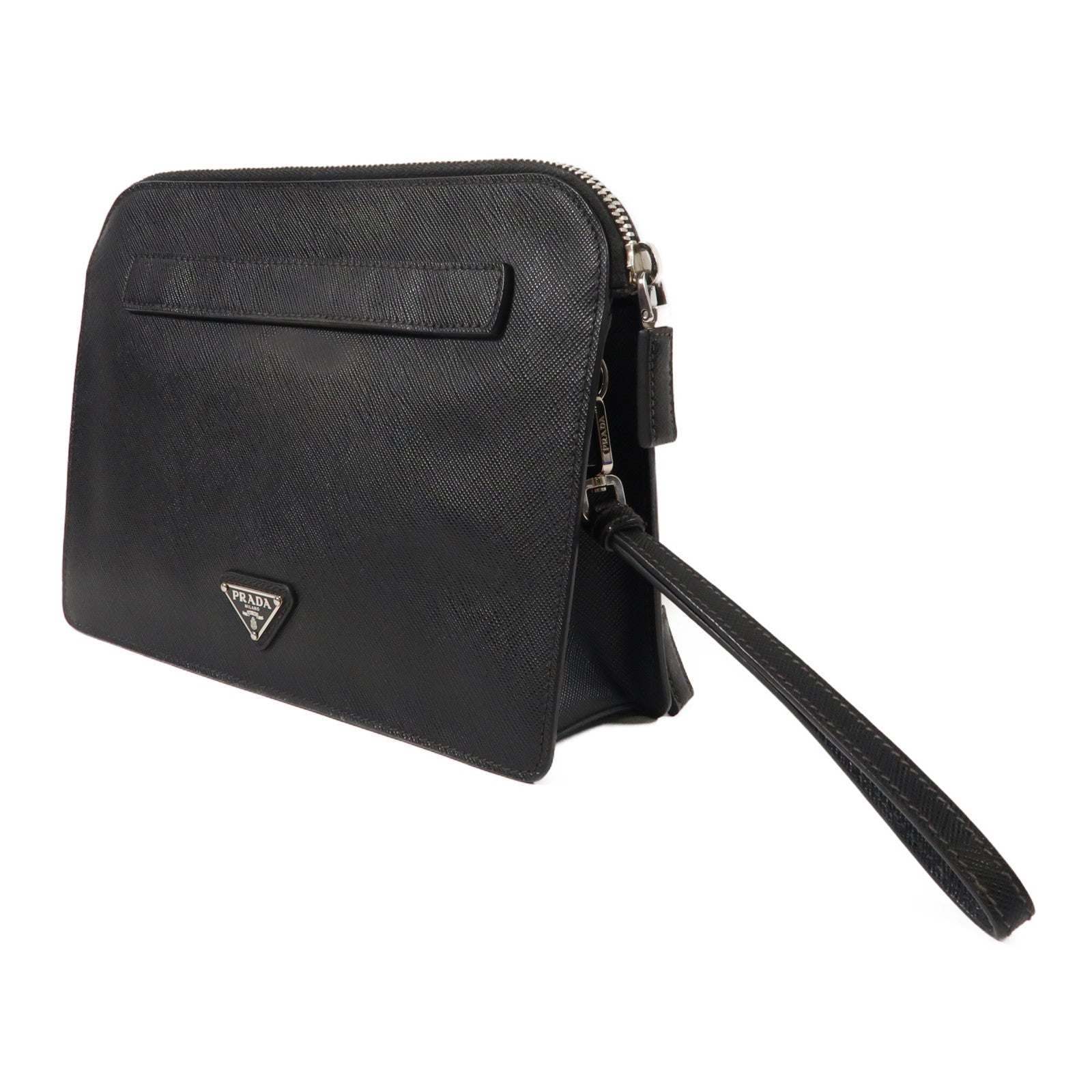 PRADA 牛皮皮革Saffiano Travel銀扣手拿包黑色