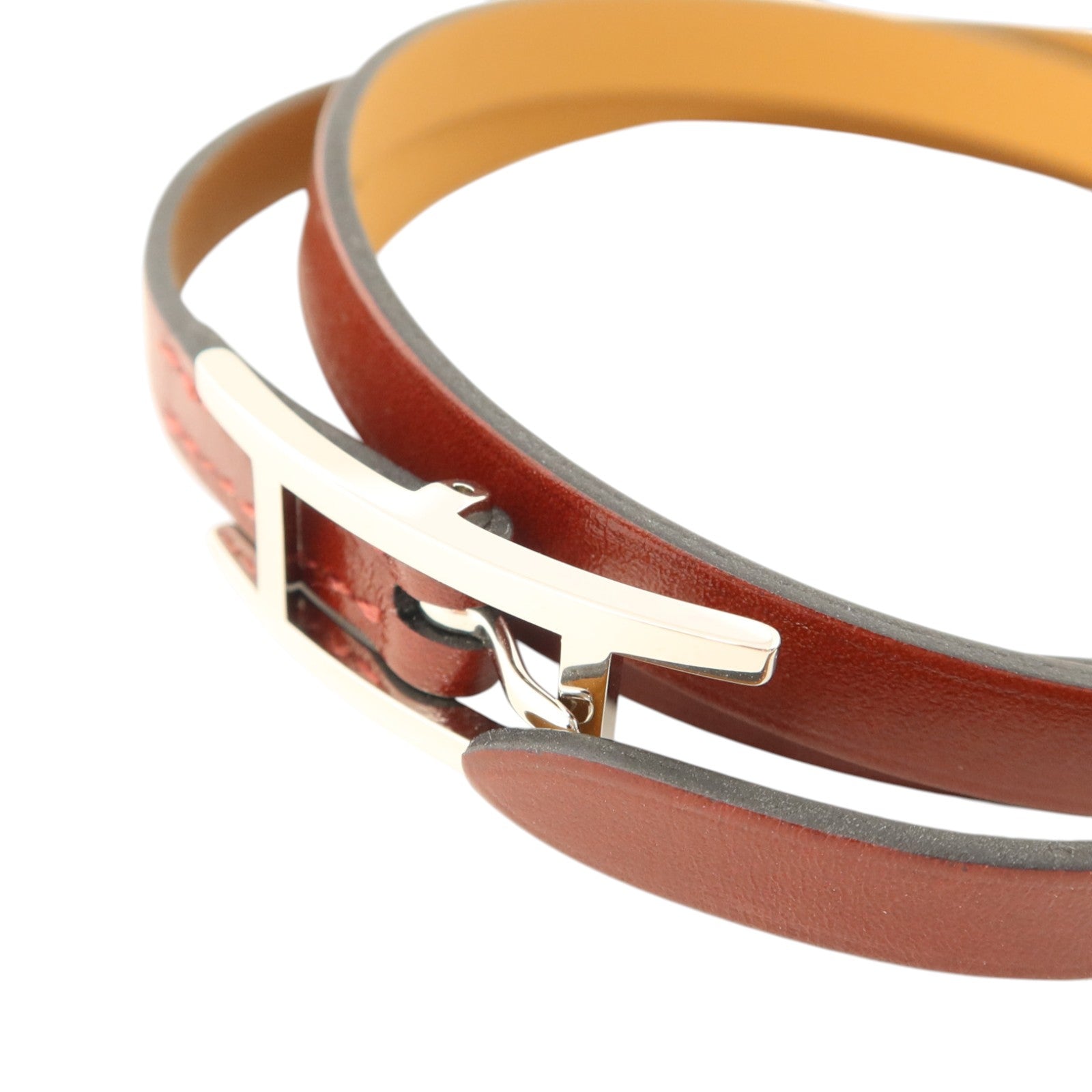 HERMES Box皮革Hapi 3 Bracelet銀扣手鏈Rouge H