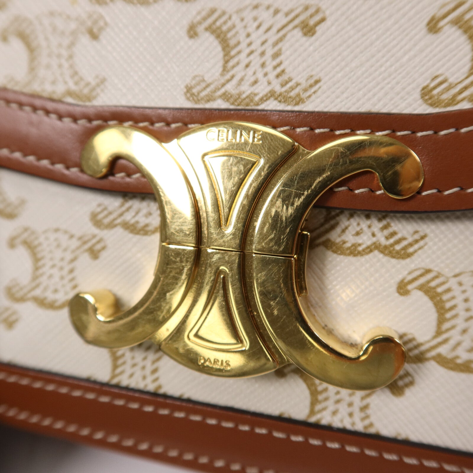 CELINE 塗層帆布/牛皮皮革Teen Triomphe金扣肩背袋
