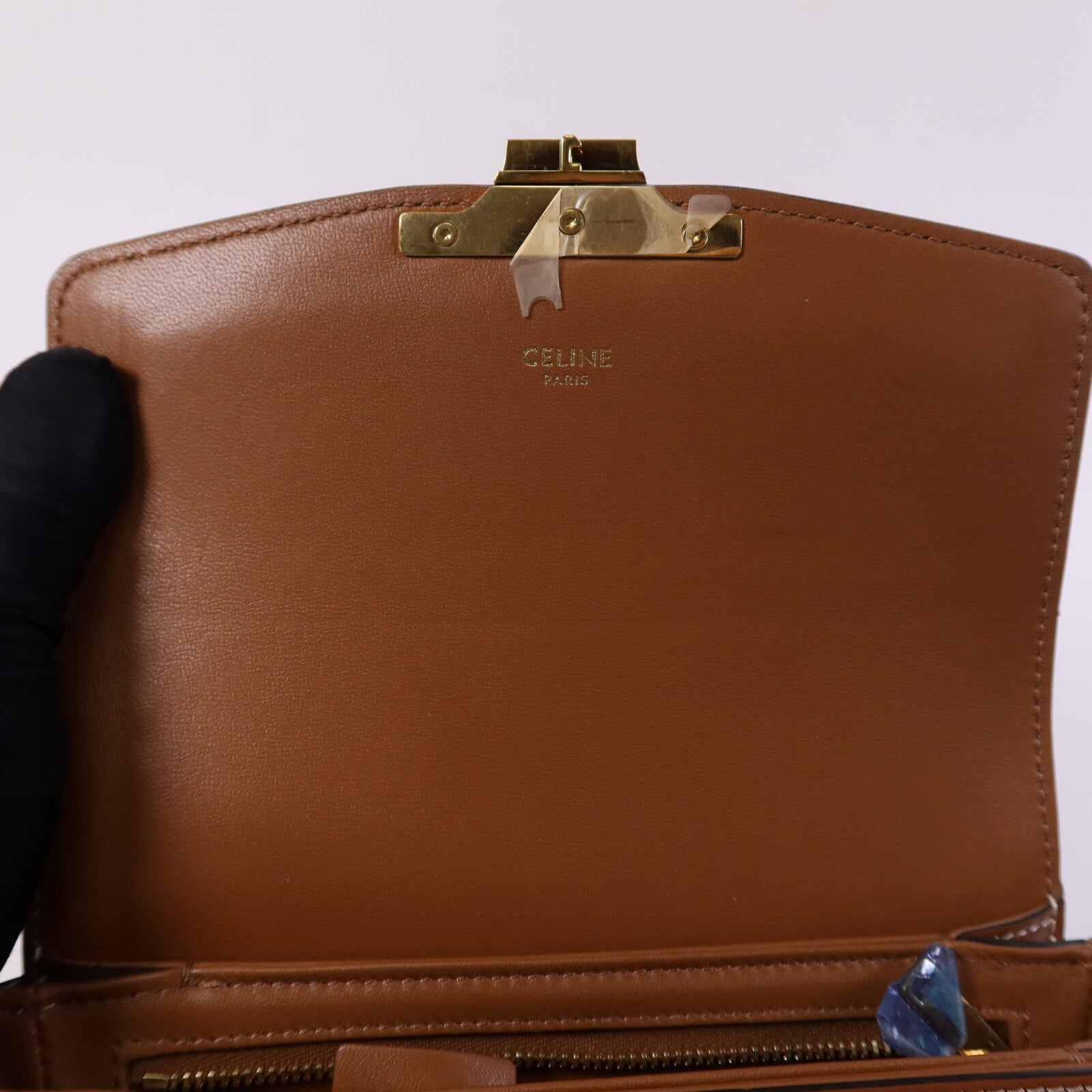 CELINE 塗層帆布/牛皮皮革Teen Triomphe金扣肩背袋