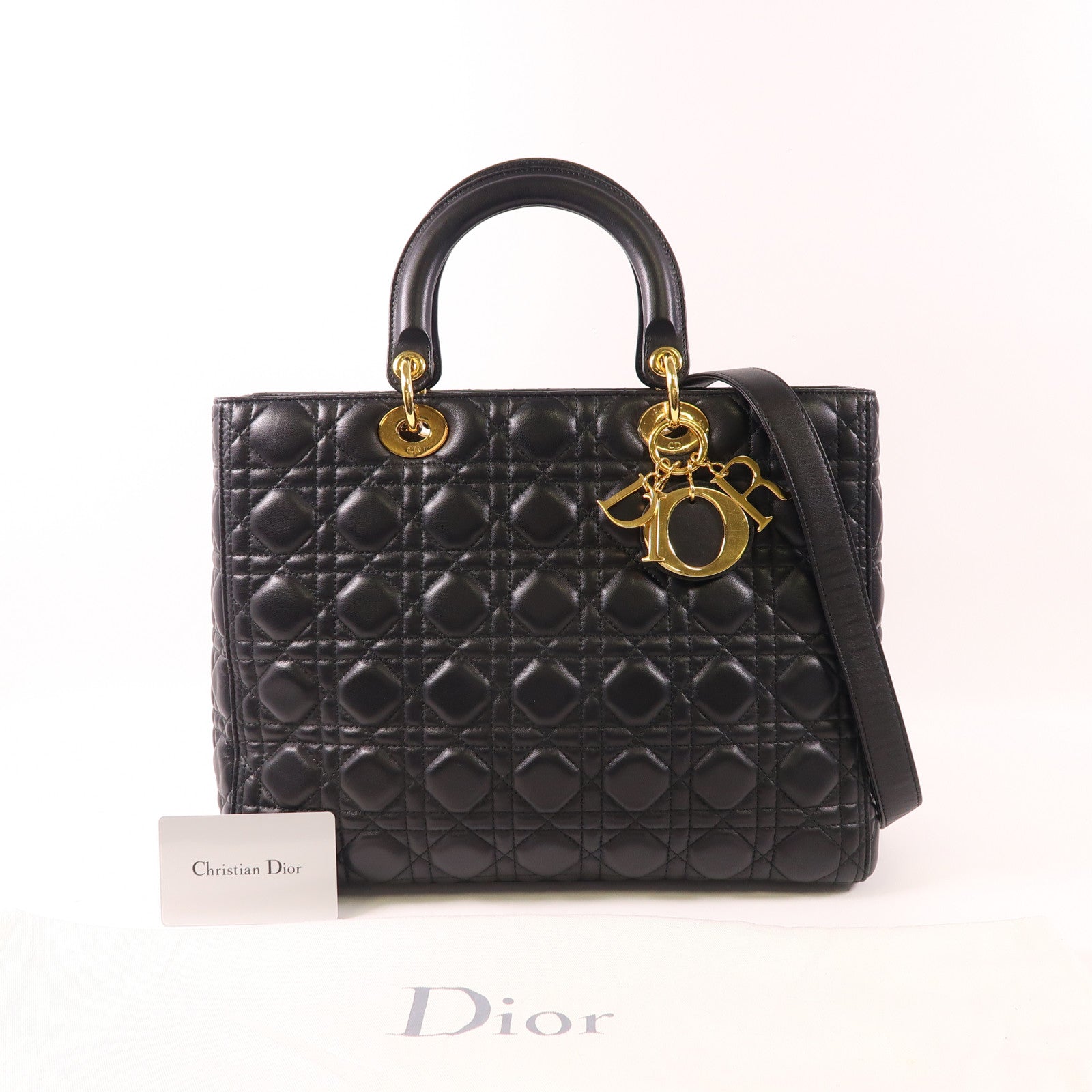 Dior CD GHW Lady Dior GM 2 Way Shoulder Bag Calfskin Leather Black