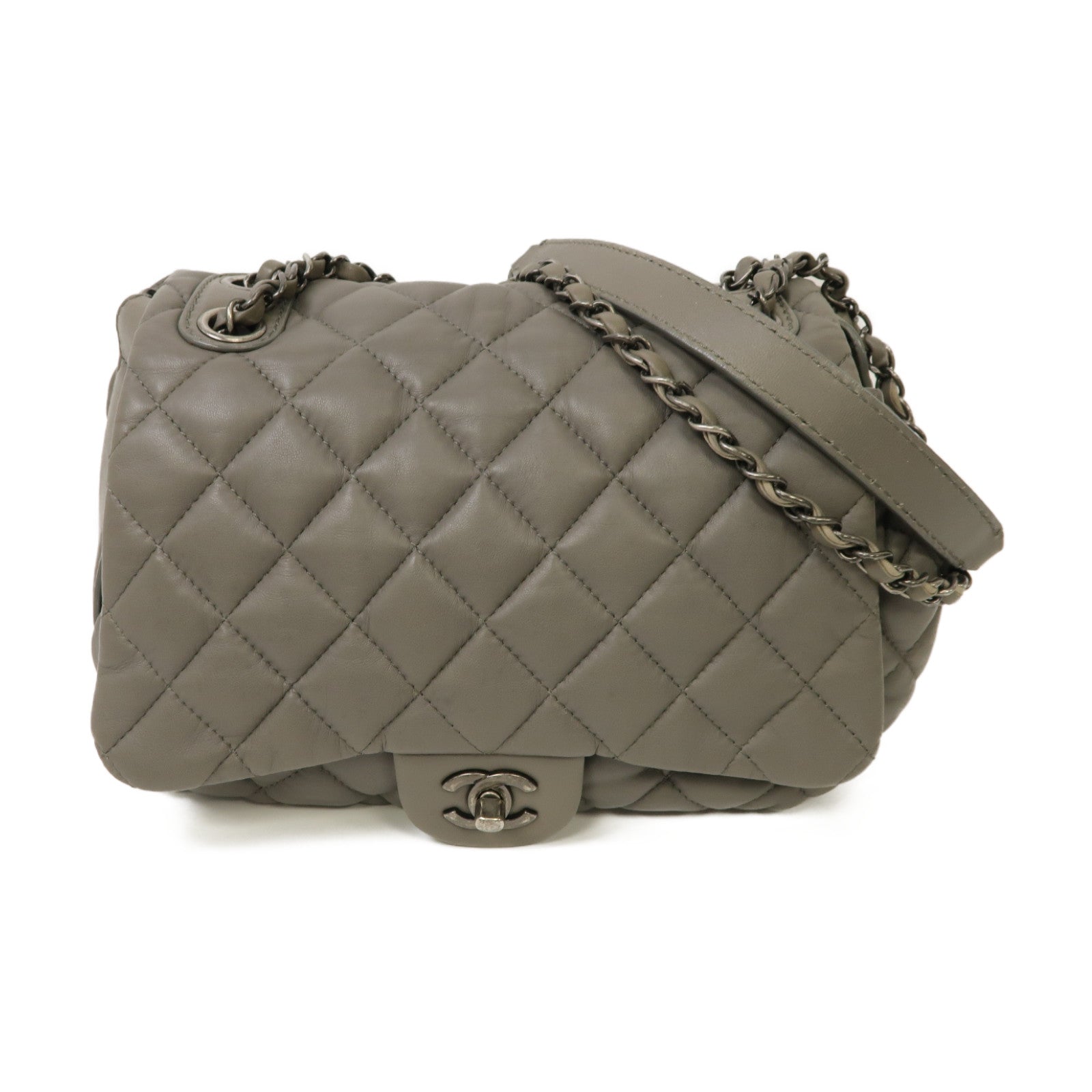 CHANEL 【激減優惠】菱格羊皮皮革Chain Shoulder Bag銀扣鏈帶肩背袋灰色