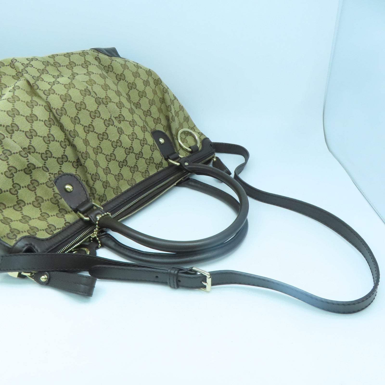 GUCCI 【激減優惠】帆布/牛皮皮革Shoulder Bag金扣手挽肩背兩用袋啡色