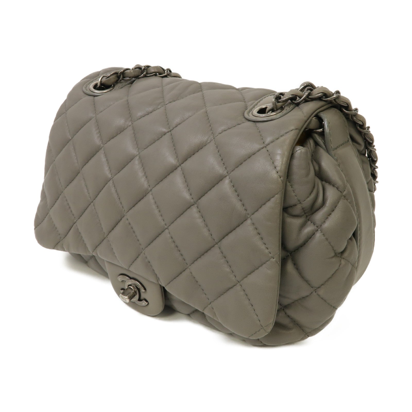 CHANEL 【激減優惠】菱格羊皮皮革Chain Shoulder Bag銀扣鏈帶肩背袋灰色