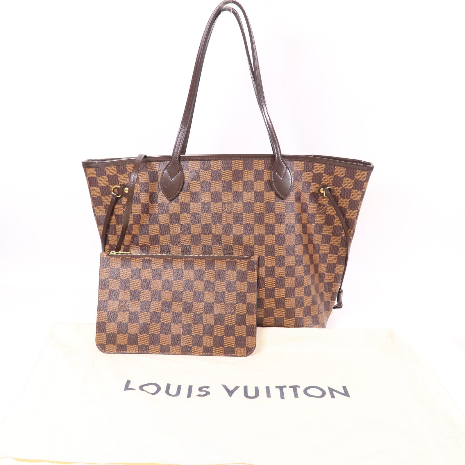 LOUIS VUITTON Damier Neverfull MM金扣肩背袋/手挽袋棕色