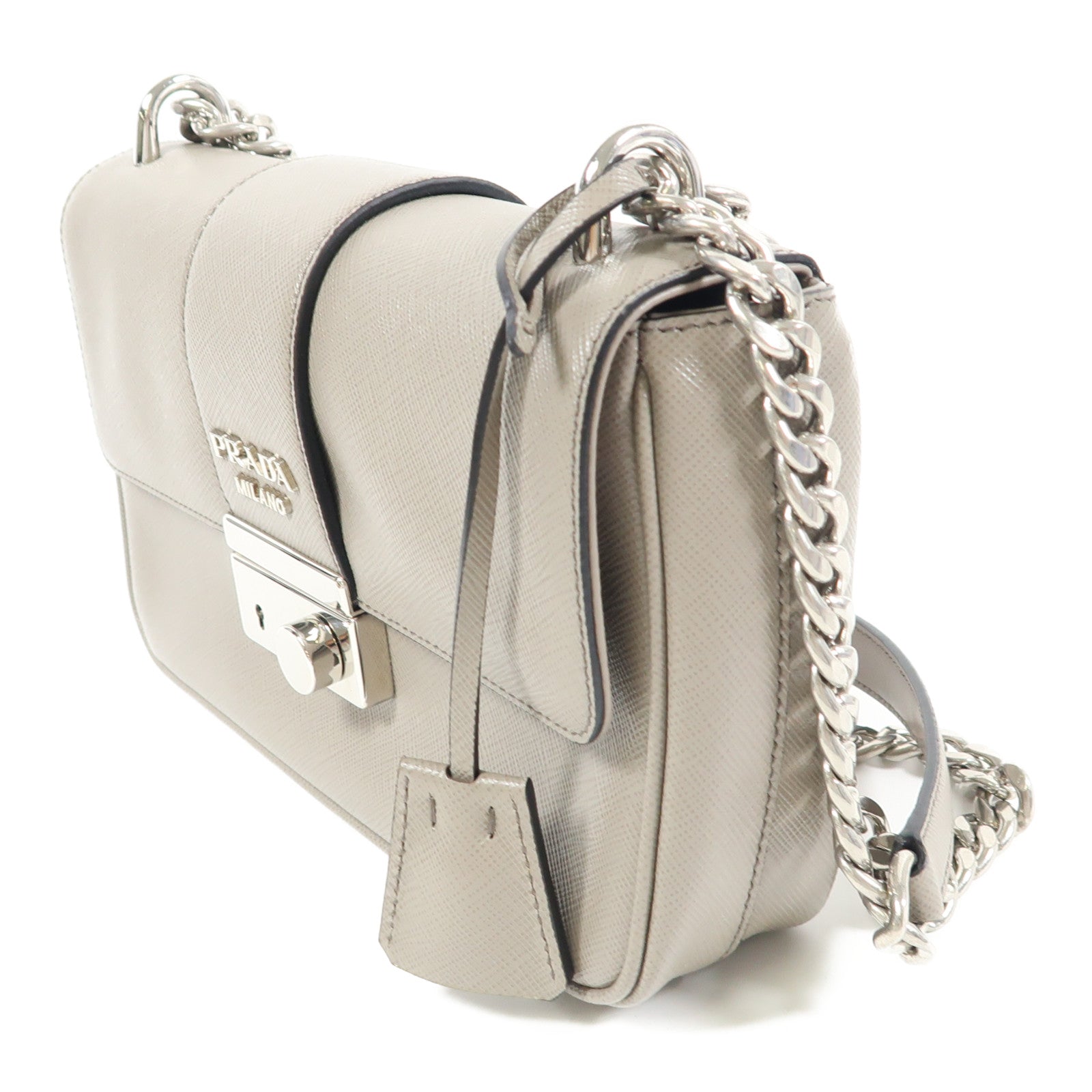 PRADA 牛皮皮革Shoulder Bag銀扣鏈帶肩背袋