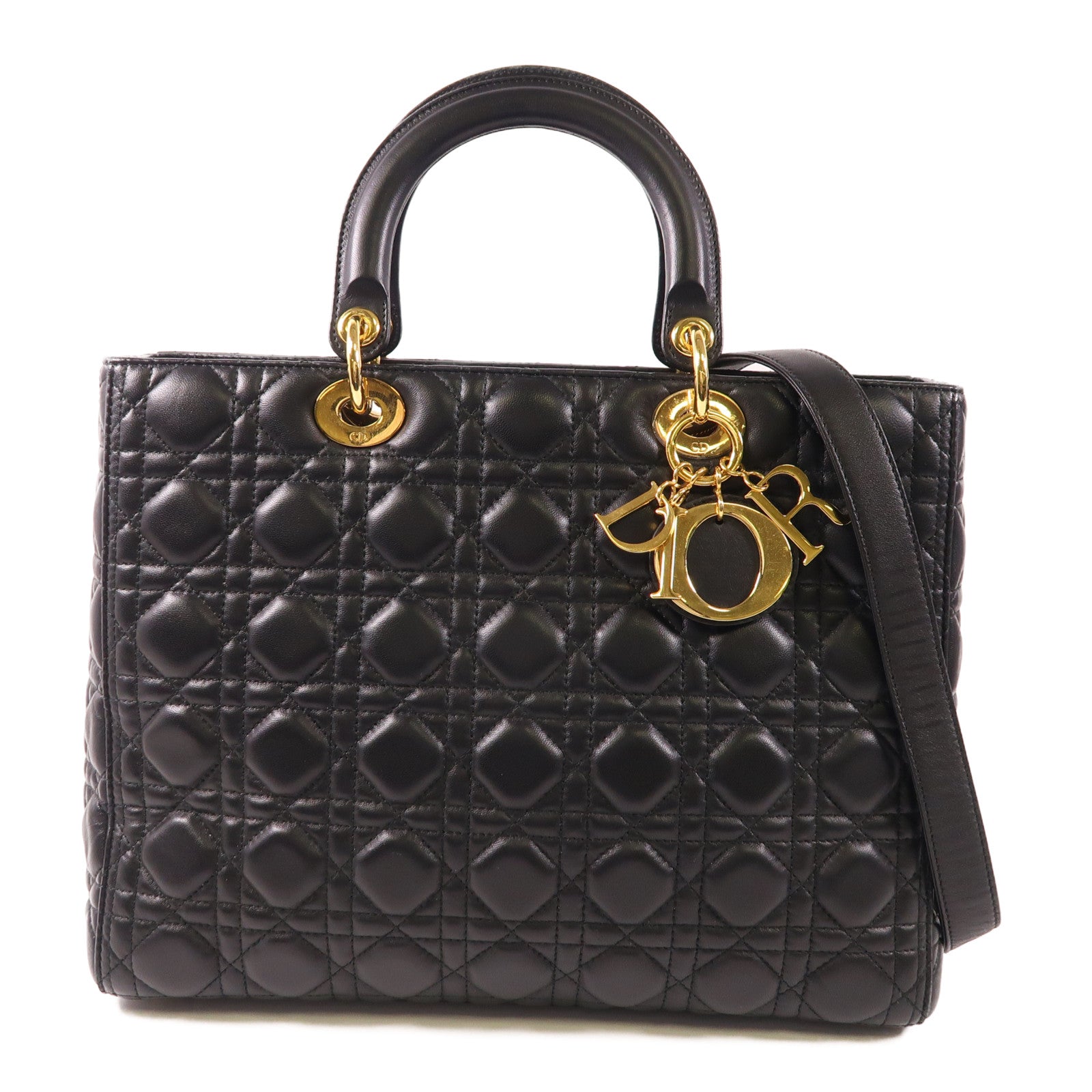 Dior CD GHW Lady Dior GM 2 Way Shoulder Bag Calfskin Leather Black