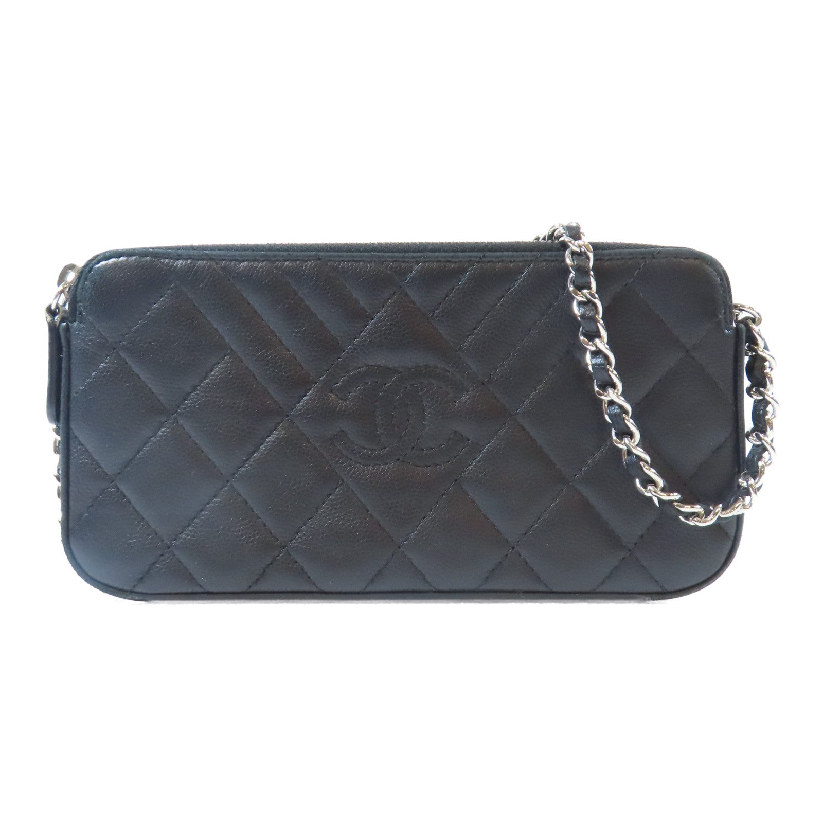 CHANEL 【激減優惠】菱格/斜紋牛皮皮革Chain Shoulder銀扣鏈帶肩背袋黑色