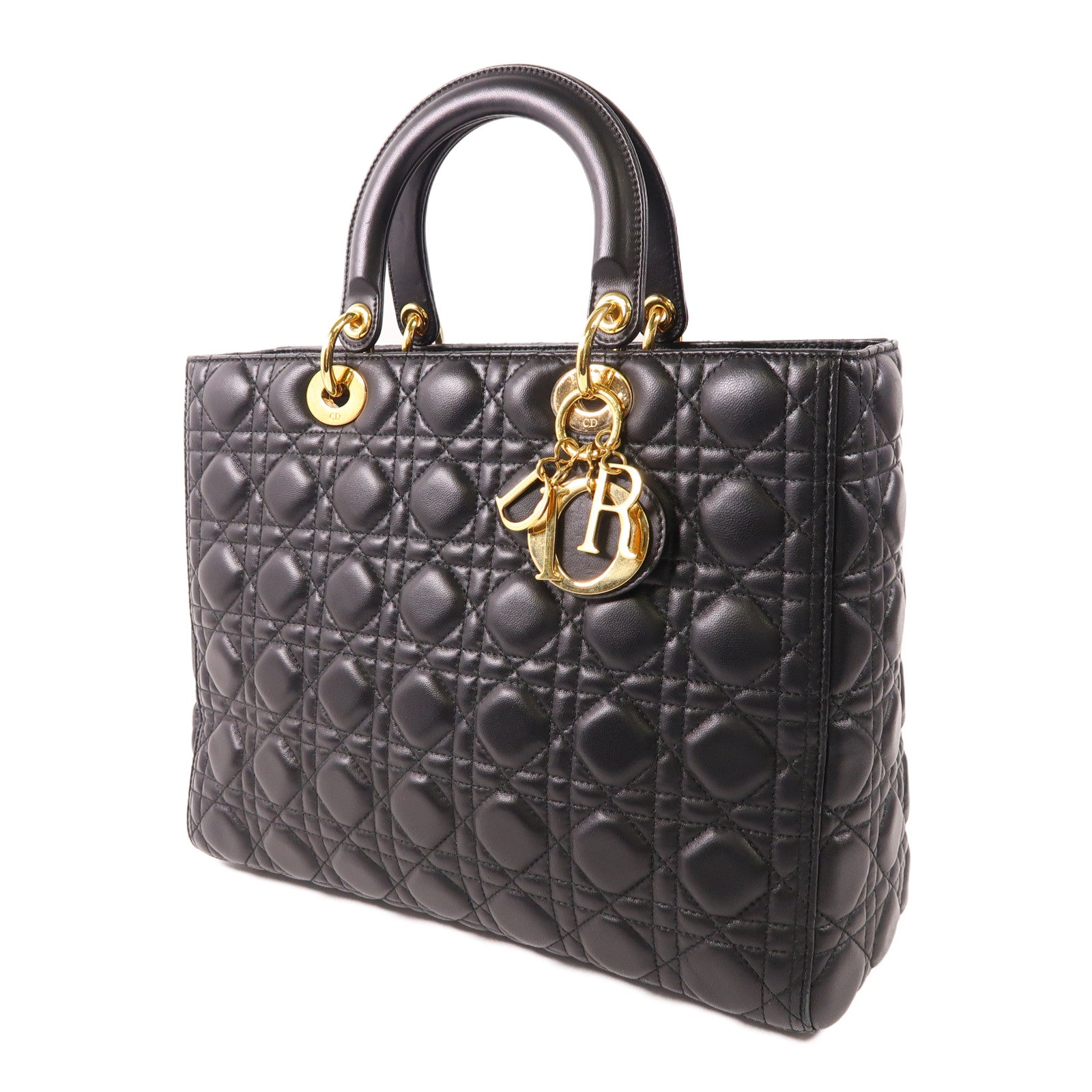 Dior CD GHW Lady Dior GM 2 Way Shoulder Bag Calfskin Leather Black
