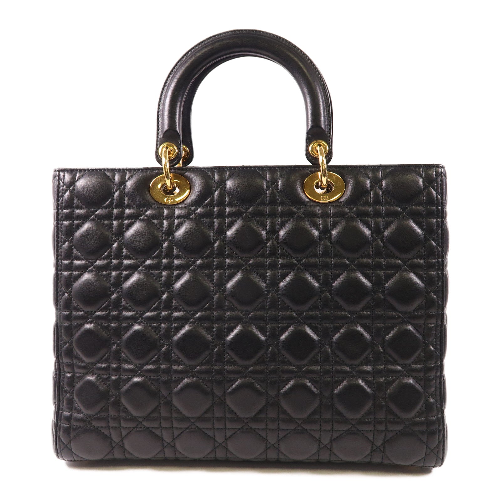 Dior CD GHW Lady Dior GM 2 Way Shoulder Bag Calfskin Leather Black