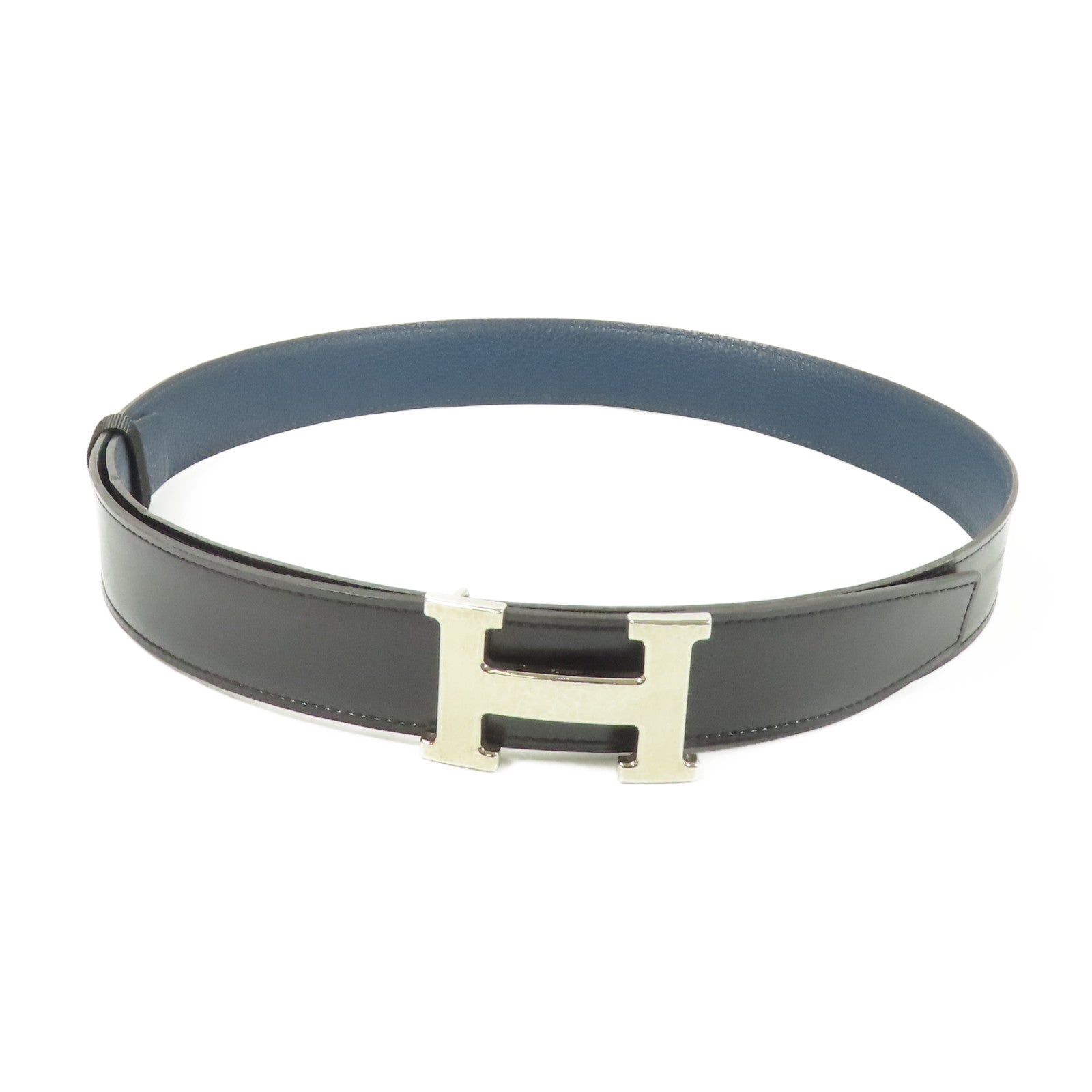 HERMES Togo/Box皮革Constance Belt銀扣皮帶Blue Nuit/Black