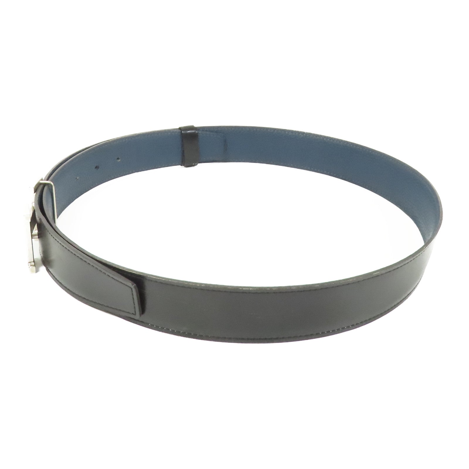 HERMES Togo/Box皮革Constance Belt銀扣皮帶Blue Nuit/Black