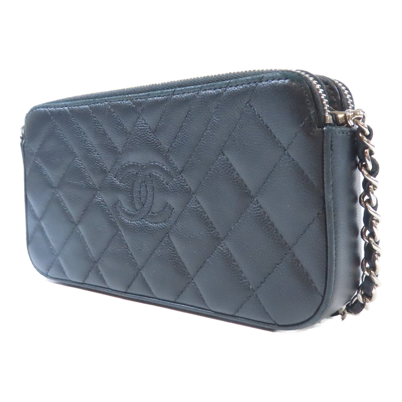 CHANEL 【激減優惠】菱格/斜紋牛皮皮革Chain Shoulder銀扣鏈帶肩背袋黑色