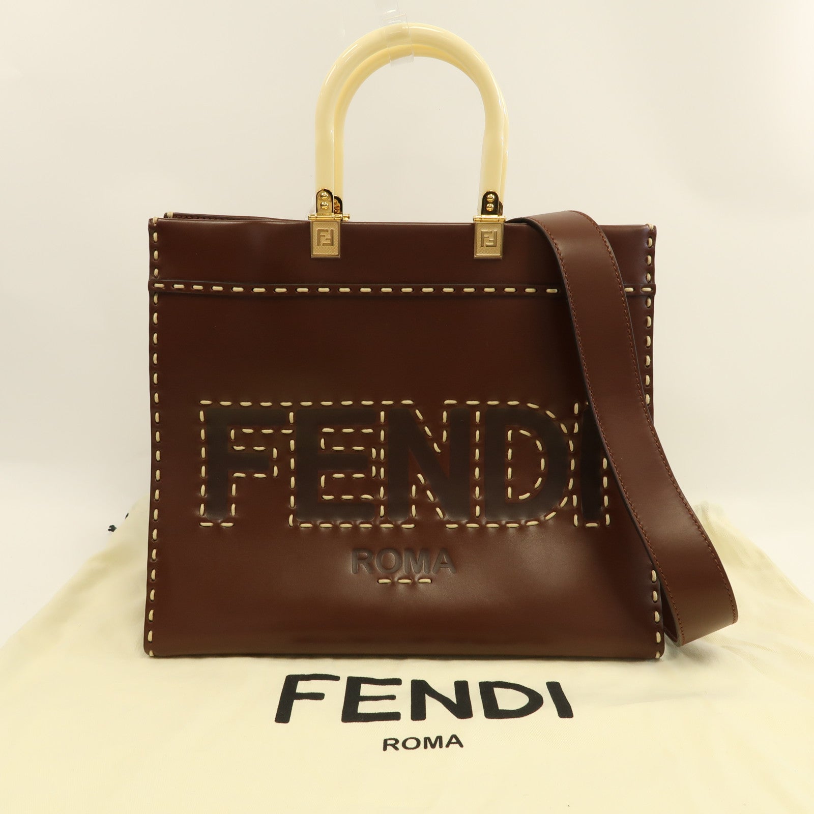 FENDI 牛皮皮革Fendi Sunshine Medium金扣手挽肩背兩用袋啡色