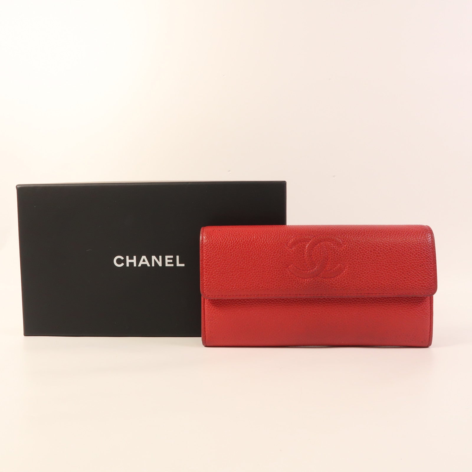 CHANEL CC Long Wallet Calfskin Leather Red