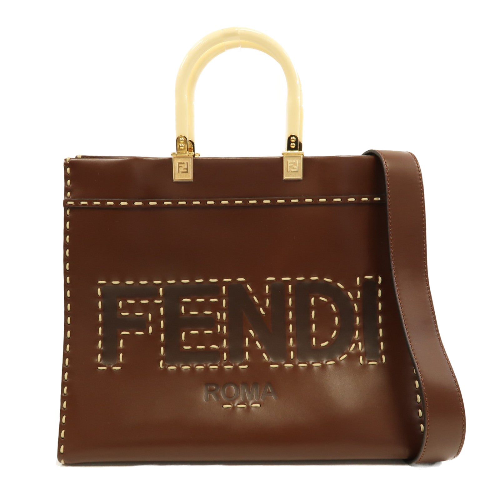 FENDI 牛皮皮革Fendi Sunshine Medium金扣手挽肩背兩用袋啡色
