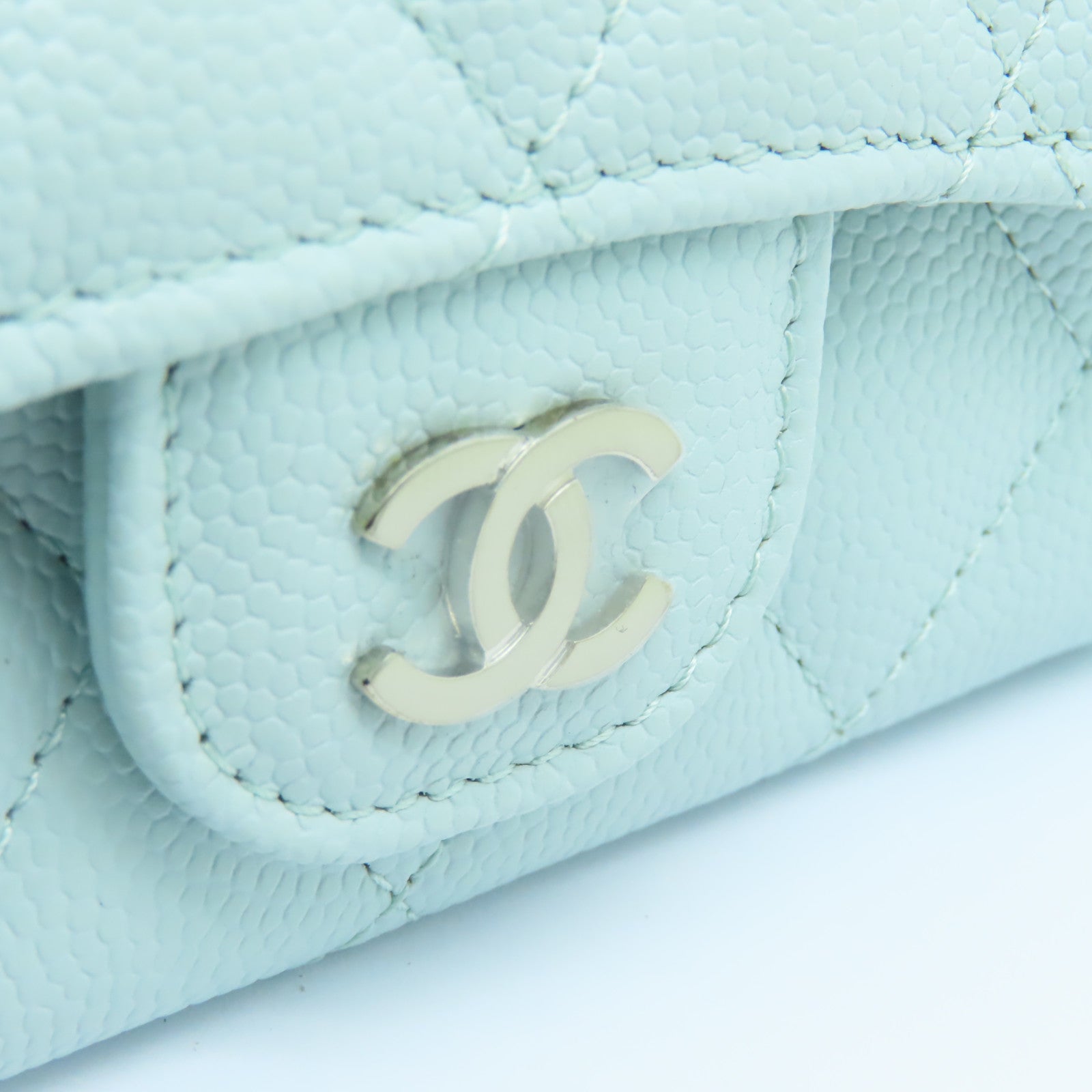 CHANEL 菱格Caviar皮革Classic Flap Card Holder銀扣卡片套淺藍色