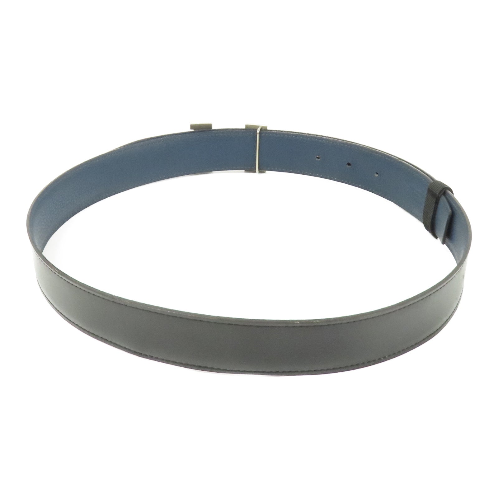 HERMES Togo/Box皮革Constance Belt銀扣皮帶Blue Nuit/Black