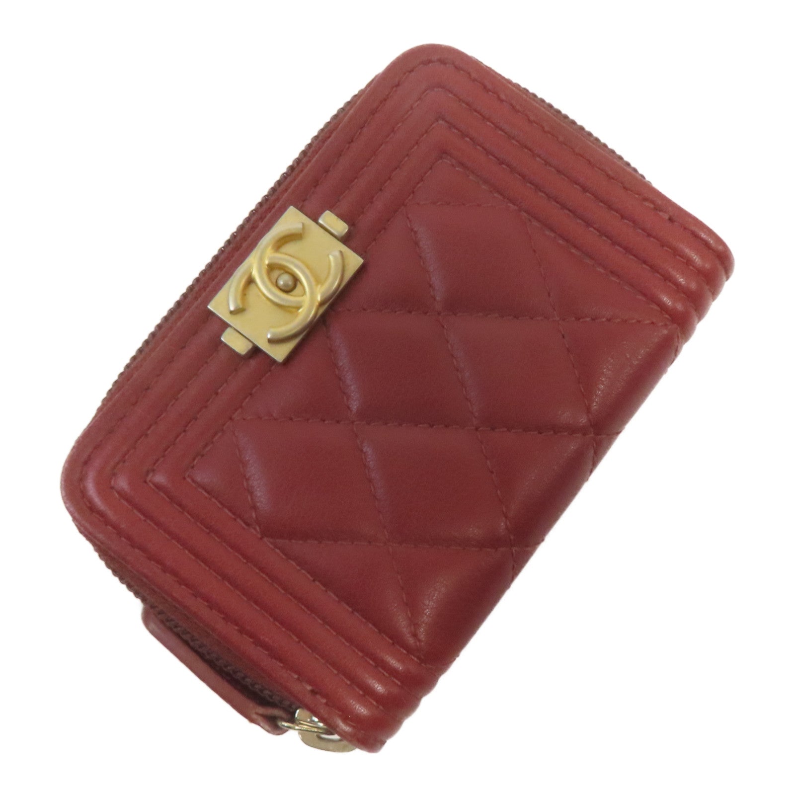 CHANEL 菱格羊皮皮革Boy Chanel Zipped Coin Case銀扣零錢包紅色