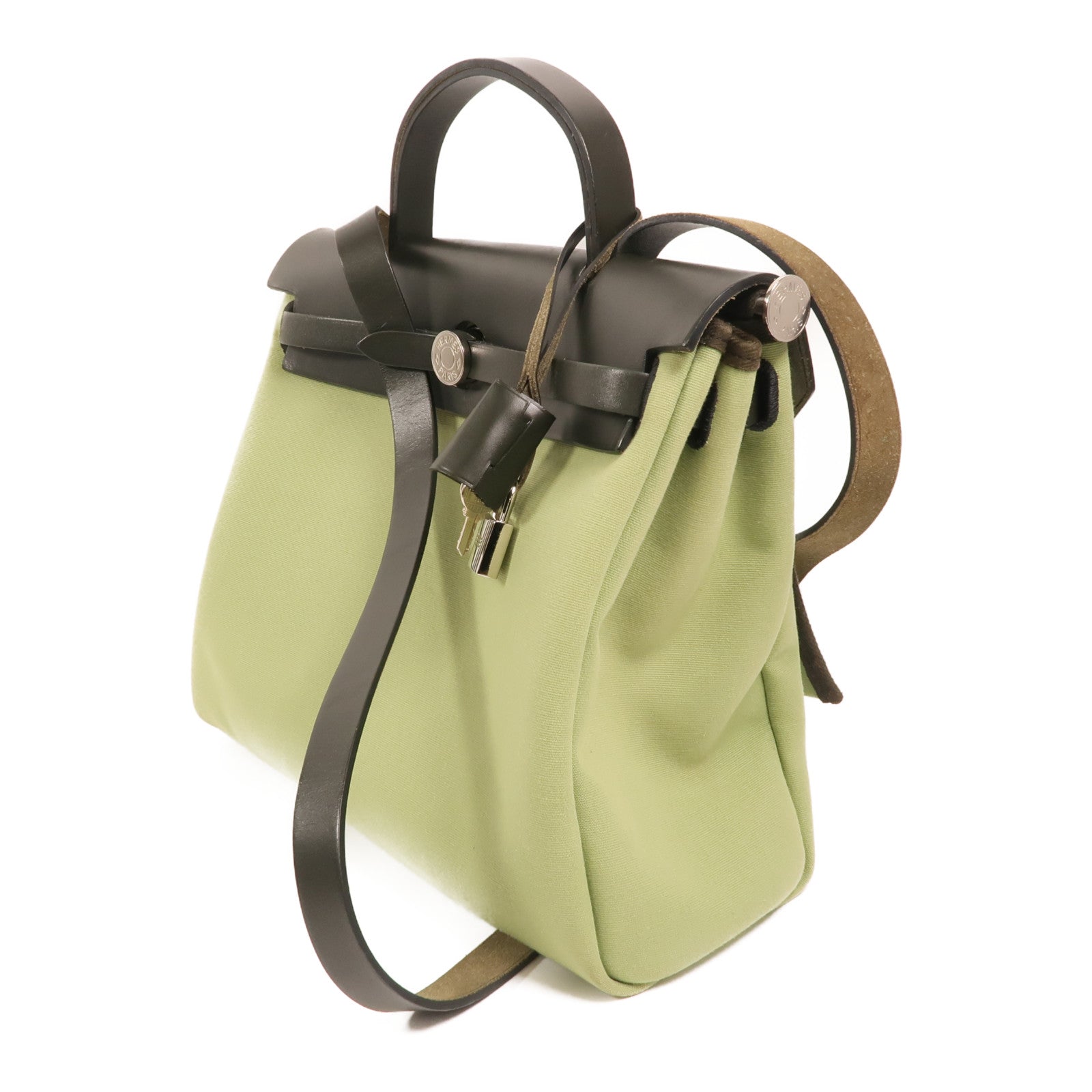 HERMES 【激減優惠】帆布Herbag PM銀扣手挽肩背兩用袋Vert Criquet