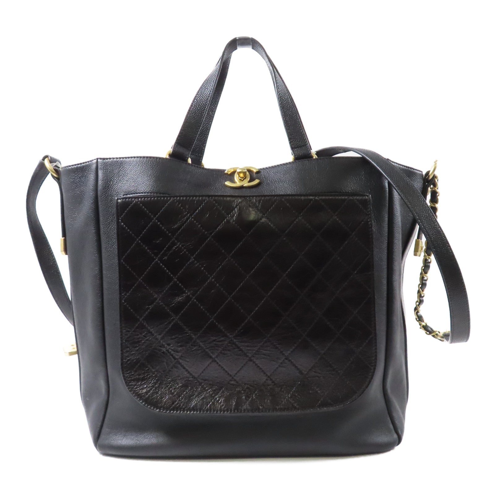 CHANEL 【激減優惠】牛皮皮革2Way Shoulder Bag金扣手挽肩背兩用袋黑色