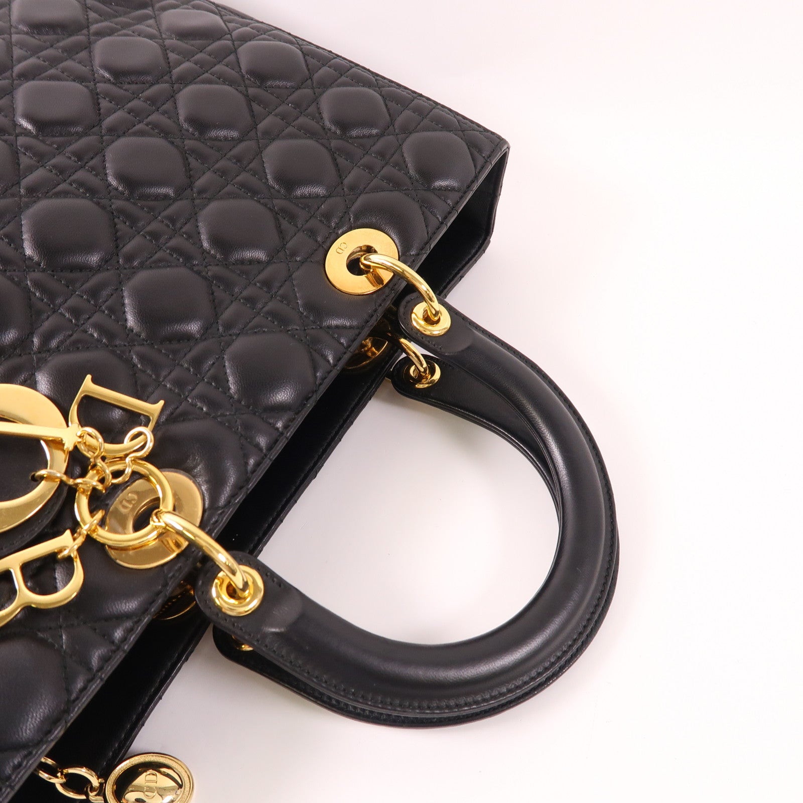 Dior CD GHW Lady Dior GM 2 Way Shoulder Bag Calfskin Leather Black