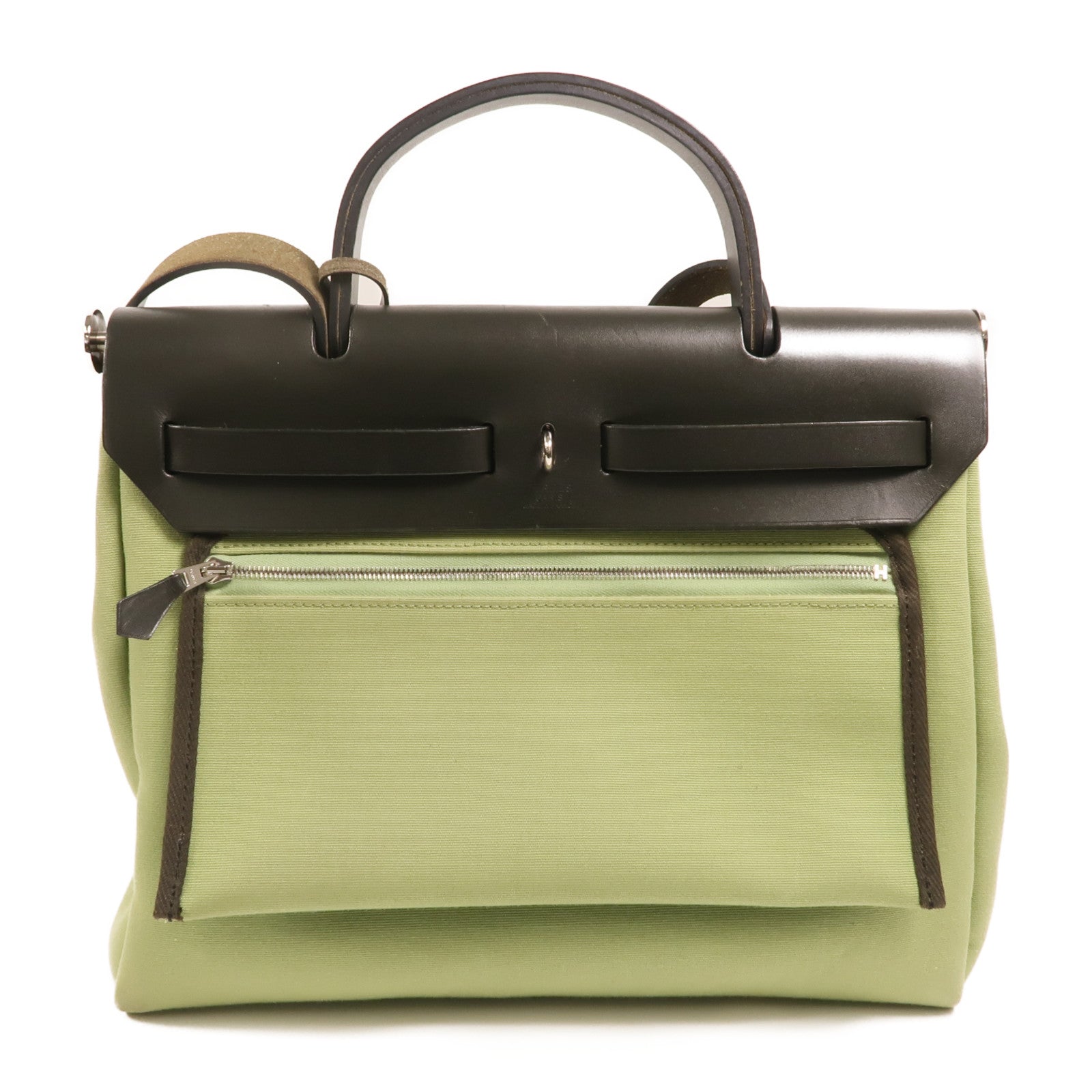 HERMES 【激減優惠】帆布Herbag PM銀扣手挽肩背兩用袋Vert Criquet