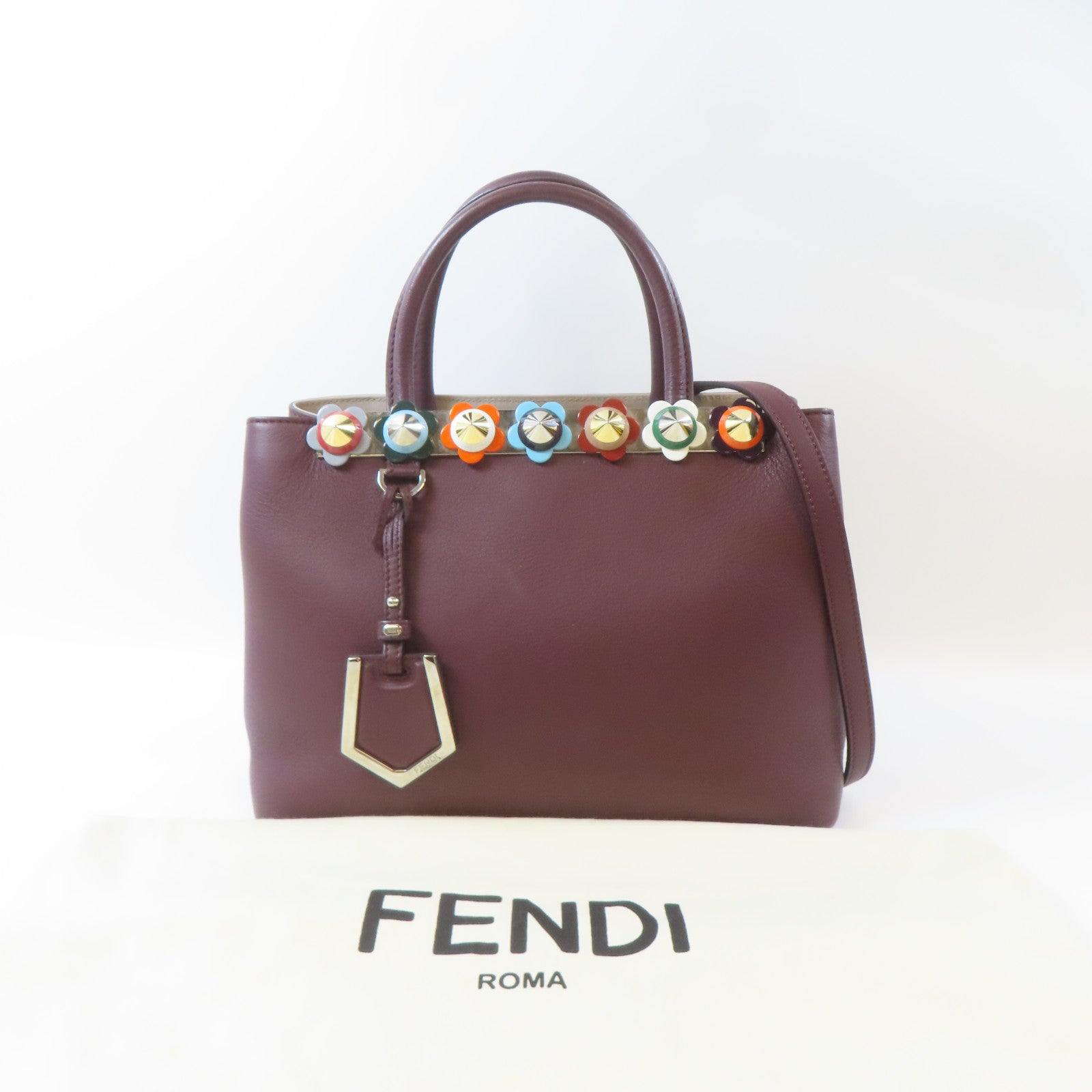 FENDI 牛皮皮革2 Jours銀扣手挽肩背兩用袋深紅色