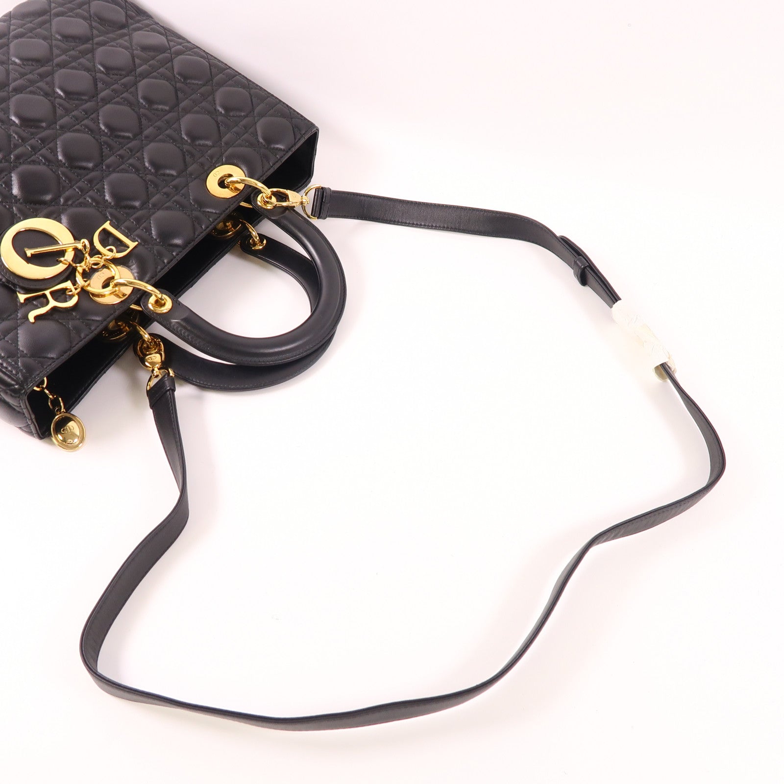 Dior CD GHW Lady Dior GM 2 Way Shoulder Bag Calfskin Leather Black