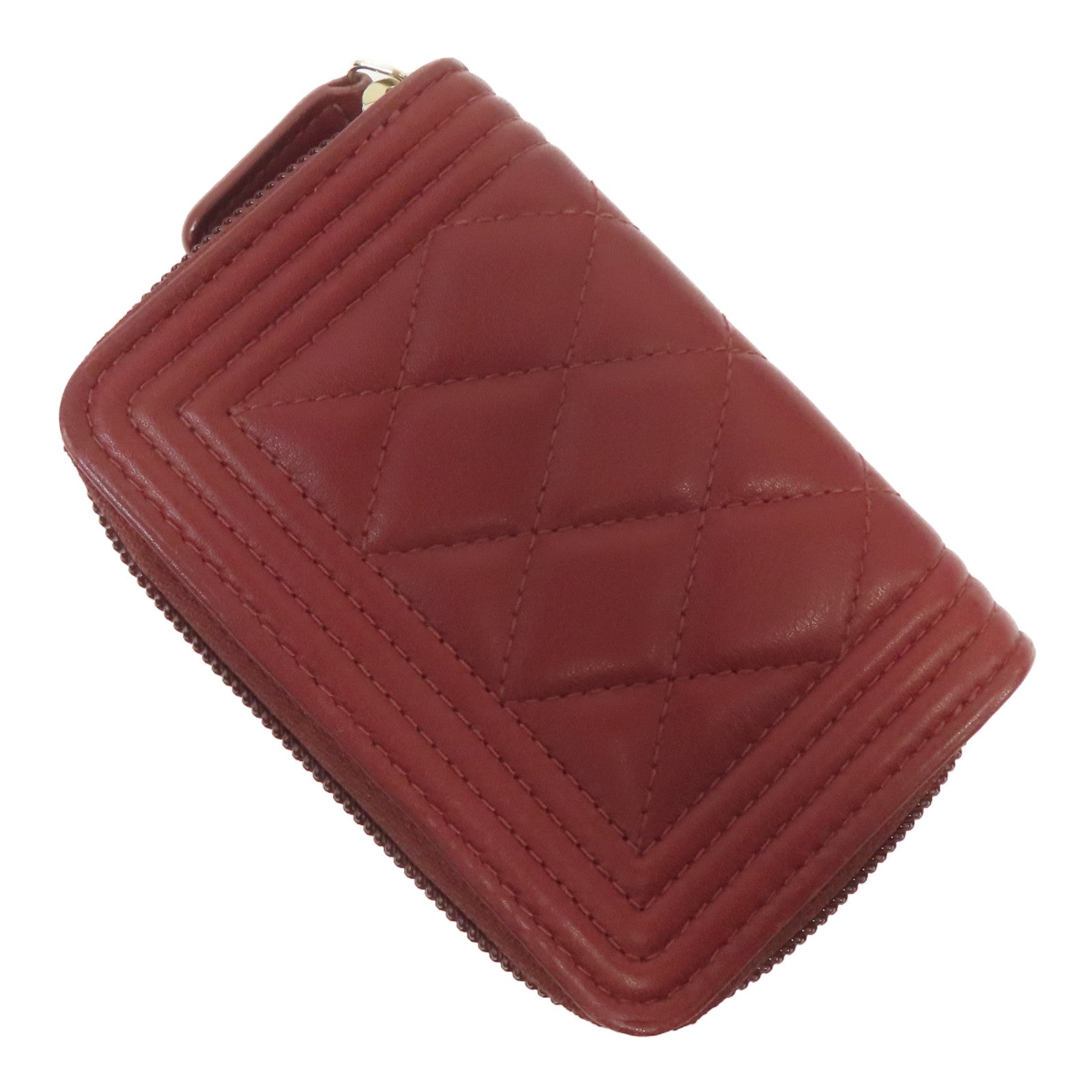 CHANEL 菱格羊皮皮革Boy Chanel Zipped Coin Case銀扣零錢包紅色